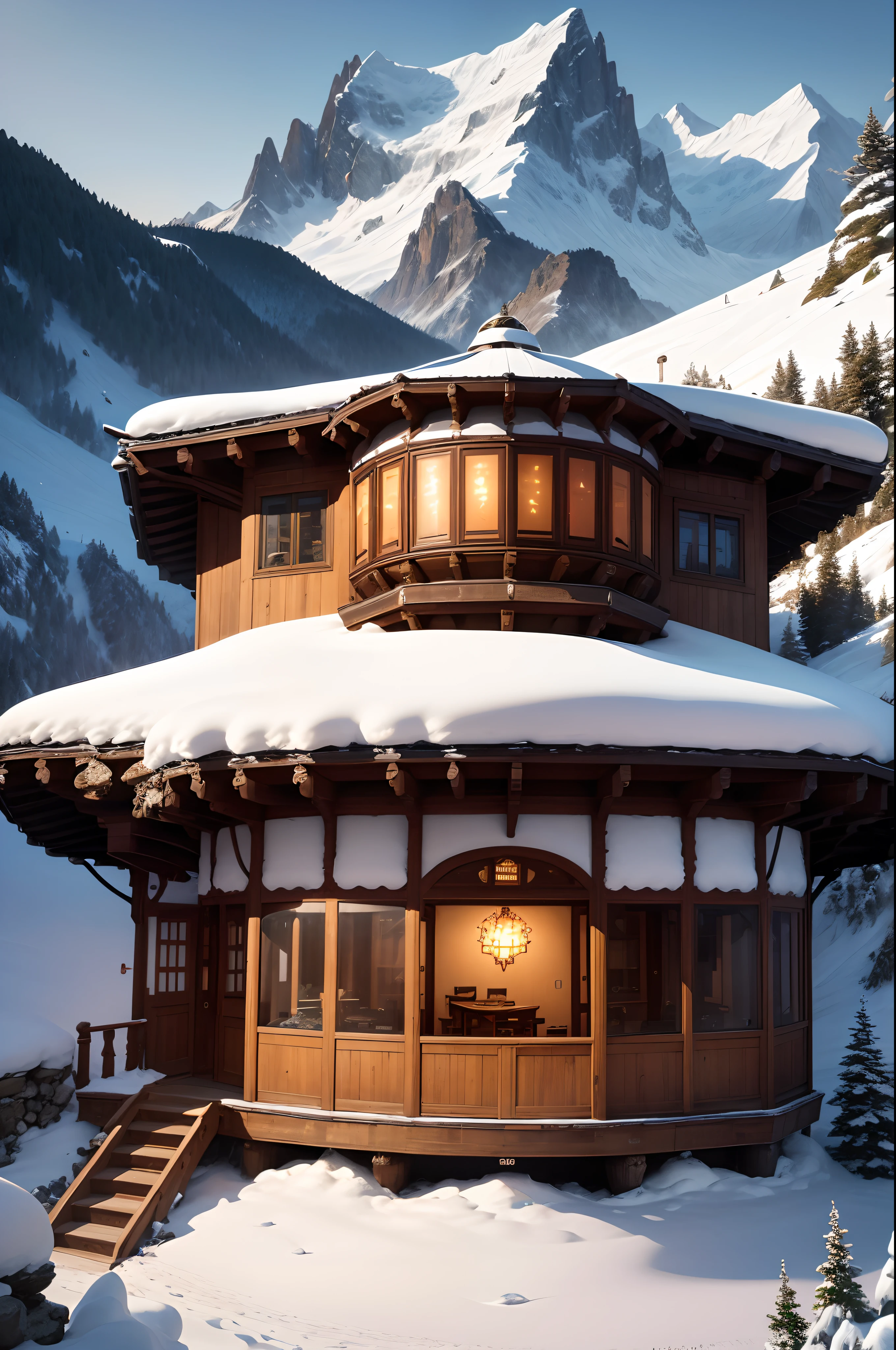 Masterpiece, top quality, best quality, official art, beautiful and aesthetic:1.2, extreme detailed, (fractal art:1.3) Perched on the highest mountain peak, the Mountain Peak Retreat is a sanctuary above the world. Surrounded by serene alpine beauty, you'll have sweeping vistas of snow-capped peaks and star-studded nights. Your home is a refuge among the clouds