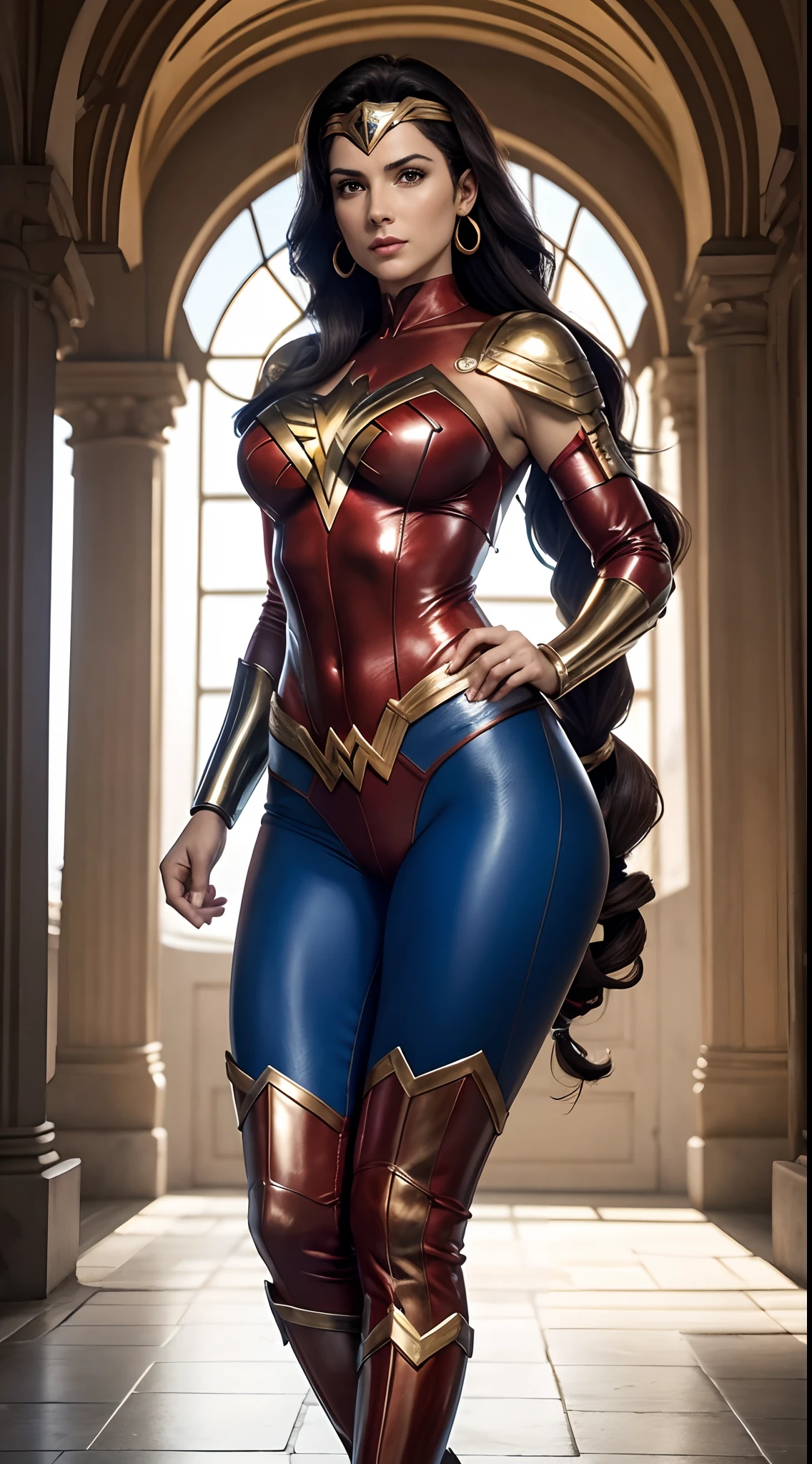 Natural Beauty,(Masterpiece),(Gina Carano),(Accurate Face Proportion),(Wonder Woman Tiara),(Classic Wonder Outfit(red, blue, golden and silver)), Vibrant colour tone,(Full Body View Visible),(Athletic Physique),(Wide Hips),(Toned Arms and Legs), Contemplative Stance with Emphasis on Buttocks: In a relaxed yet thoughtful pose, Wonder Woman’s tight suit outlines the natural curves of her body, focusing on the shape of her buttocks. Her hand on her chin and the other arm crossed over her chest further accentuate the snug fit, highlighting her athletic build.