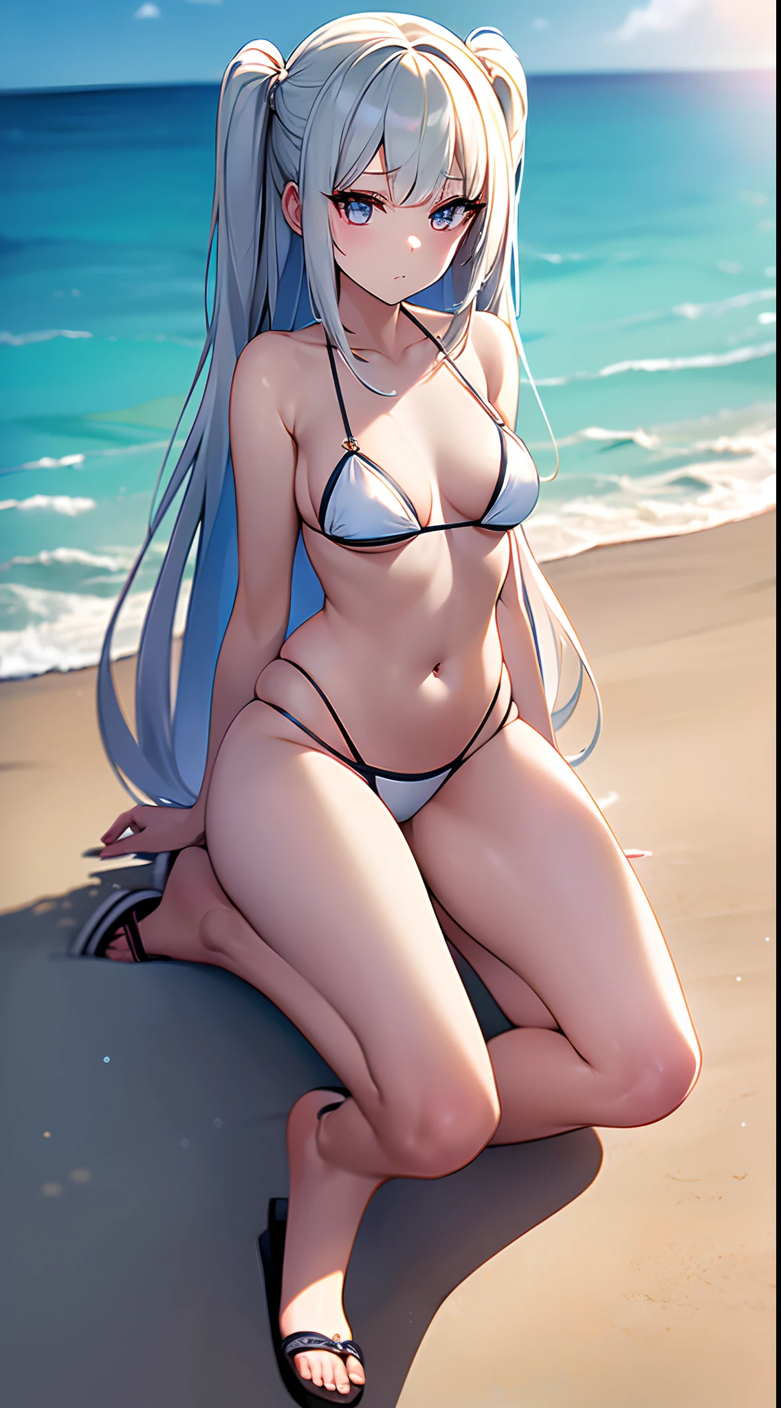 ((Best Quality)), (ultra-detailliert), ((Extremely detailed)), (Beautiful), ((Kawaii Girl)),(two side up hair)、((masutepiece)),Platinum Blonde Hair,Long hair, hair between eye, Wavy Hair, Long sideburns,Jade colored eyes, White skin,Normal Chest,Slender body,side tie bikini bottom、Sandals,in beach,One Woman,Anime