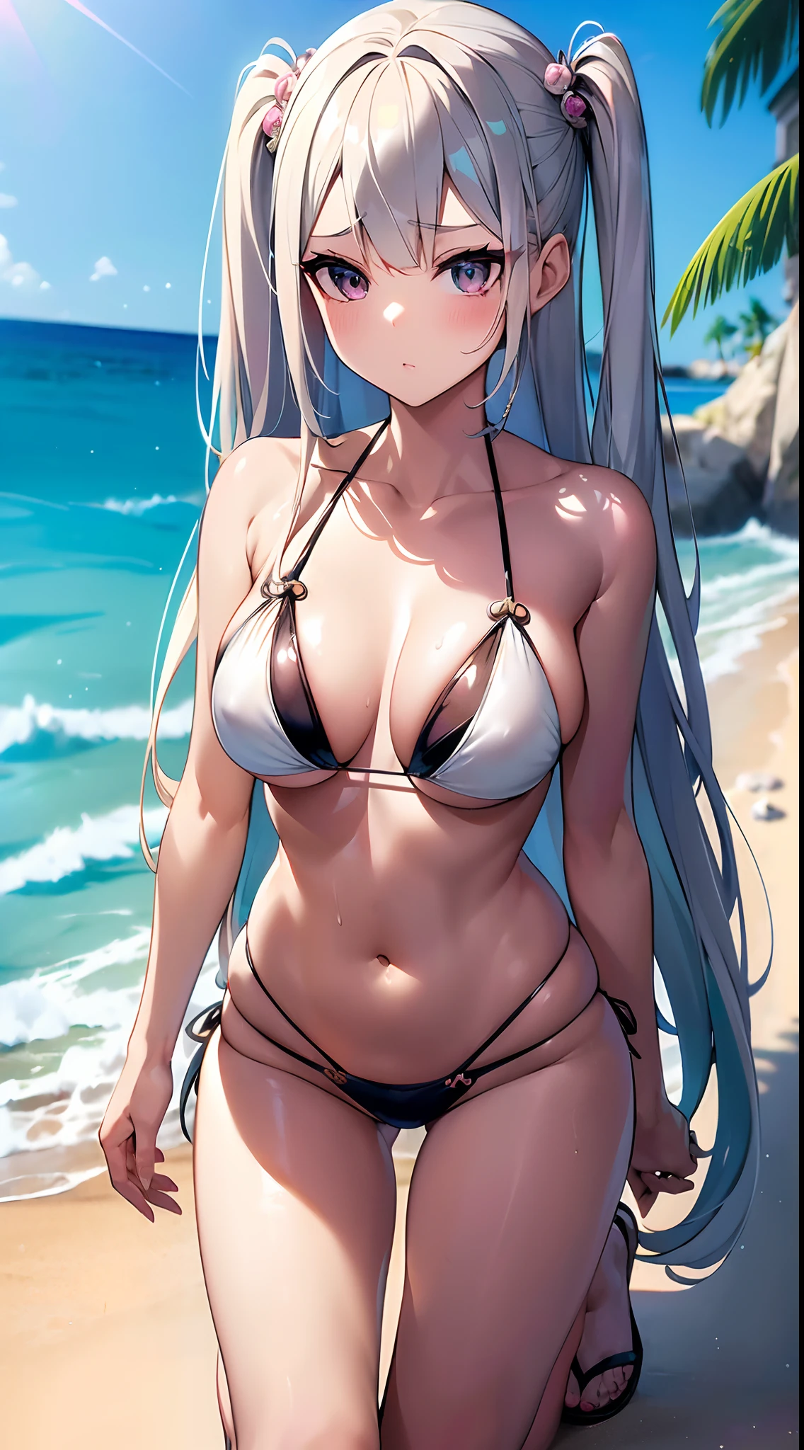 ((Best Quality)), (ultra-detailliert), ((Extremely detailed)), (Beautiful), ((Kawaii Girl)),(two side up hair)、((masutepiece)),Platinum Blonde Hair,Long hair, hair between eye, Wavy Hair, Long sideburns,Jade colored eyes, White skin,Normal Chest,Slender body,side tie bikini bottom、Sandals,in beach,One Woman,Anime