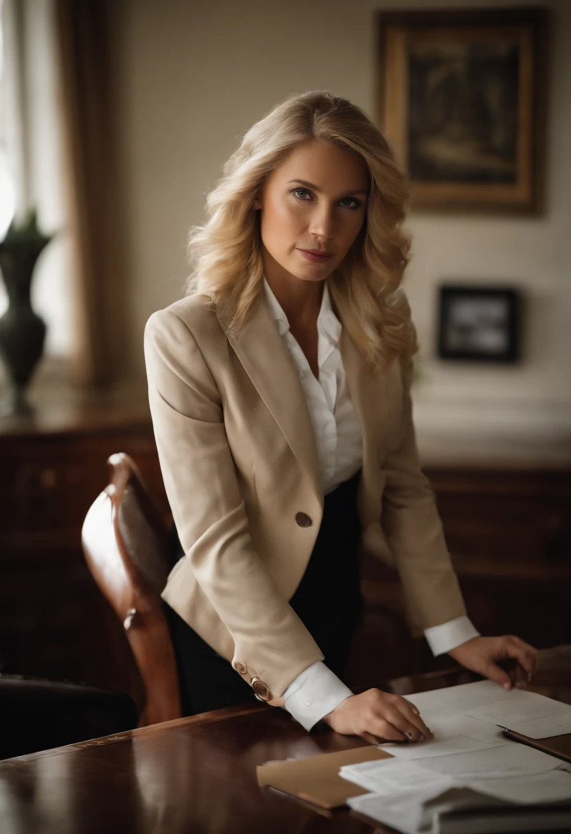 Real Photo, standing, jeune , corps parfait, very blond hair, mince, Secretary Suit, dans un bureau