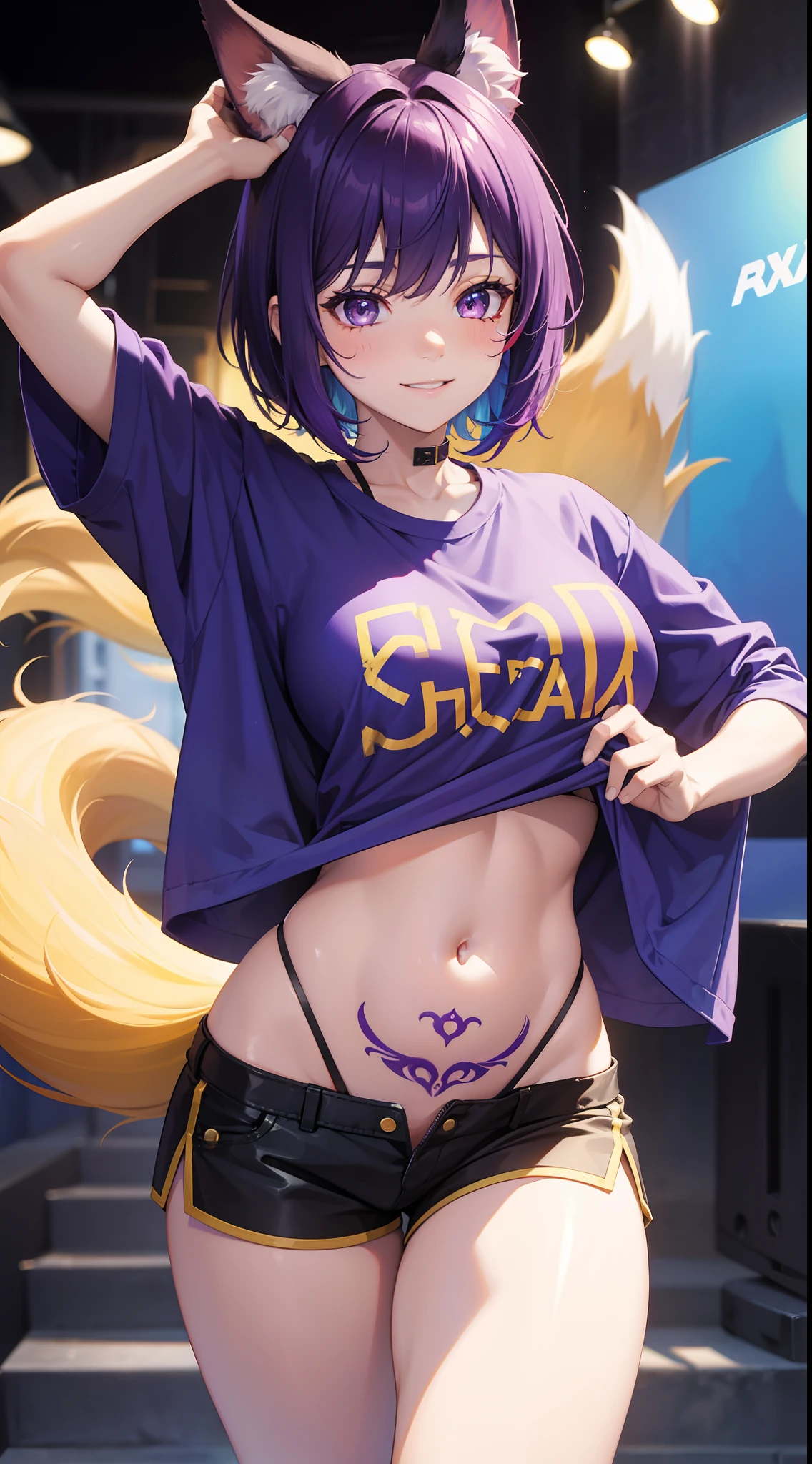 young girl, Short purple hair with yellow tips, Fox ears, eyes with blue color, Smile, open belly, Purple T-shirt, Huge-breasts, red tattoos, Shorts, Masterpiece, hiquality, 4k, HD, Good detail