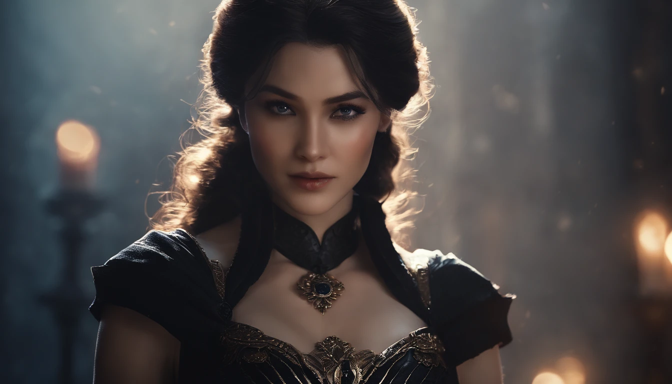 A woman in a black dress and a necklace in a dark room - SeaArt AI