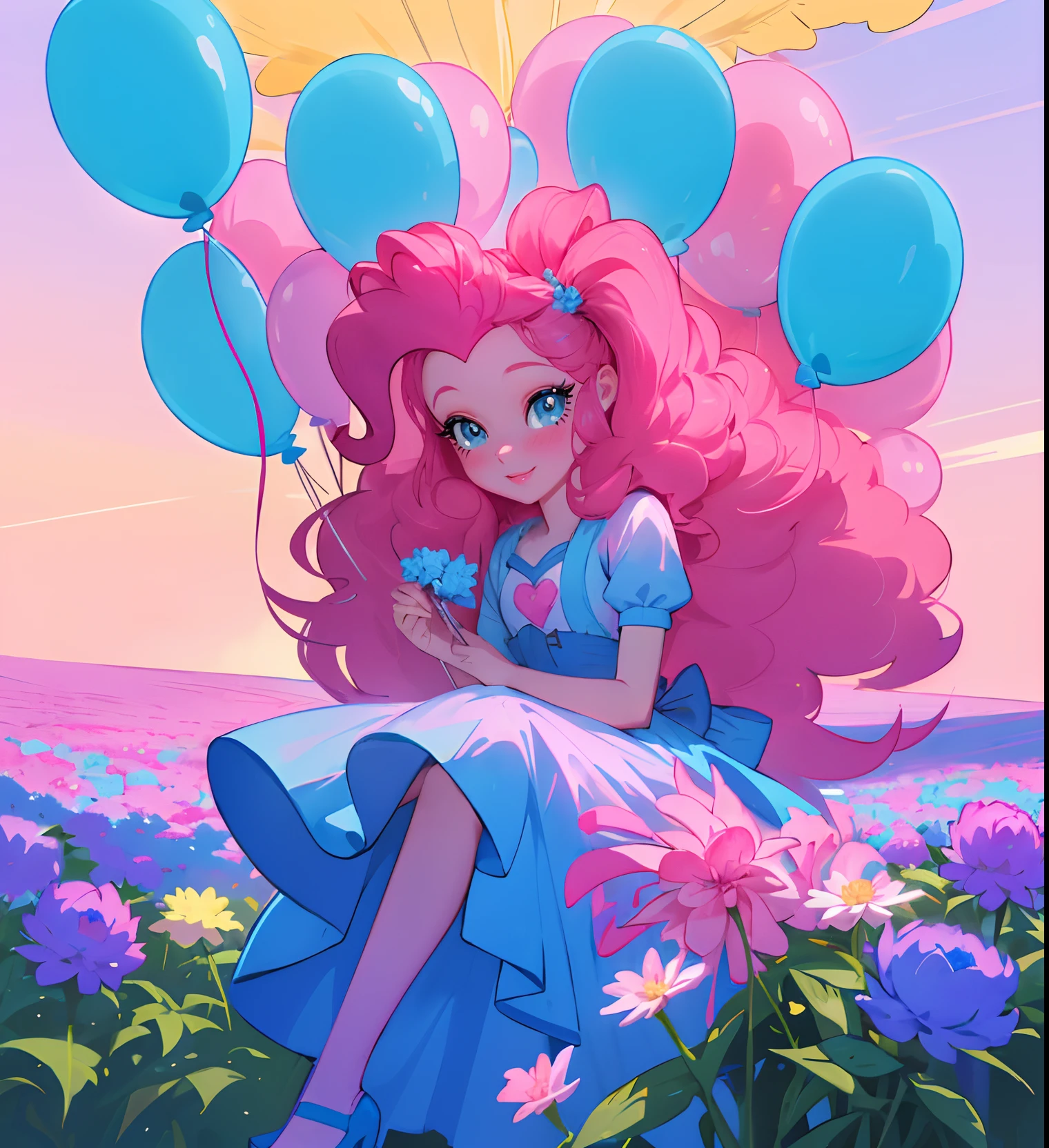 My little pony pinkie pie, pinkie pie, pinkie pie in the form of a girl, long dark pink hair, blue eyes, long pink and blue frilly dress, white frilly thigh high, small pink heels, blue sky, pink clouds, sitting in a pink and blue flower field, staring at viewers, (light pink skin 1.5), soft blush, happy smile, soft smile, holding flowers, balloons flying everywhere, ((sunrise 2.0)), highly detailed lighting, yellow light, in a beautiful flower field, pink and blue flowers everywhere, blue eyeshadow (( DARK BLUE EYES 2.0 )), Dahlia and peony flowers everywhere