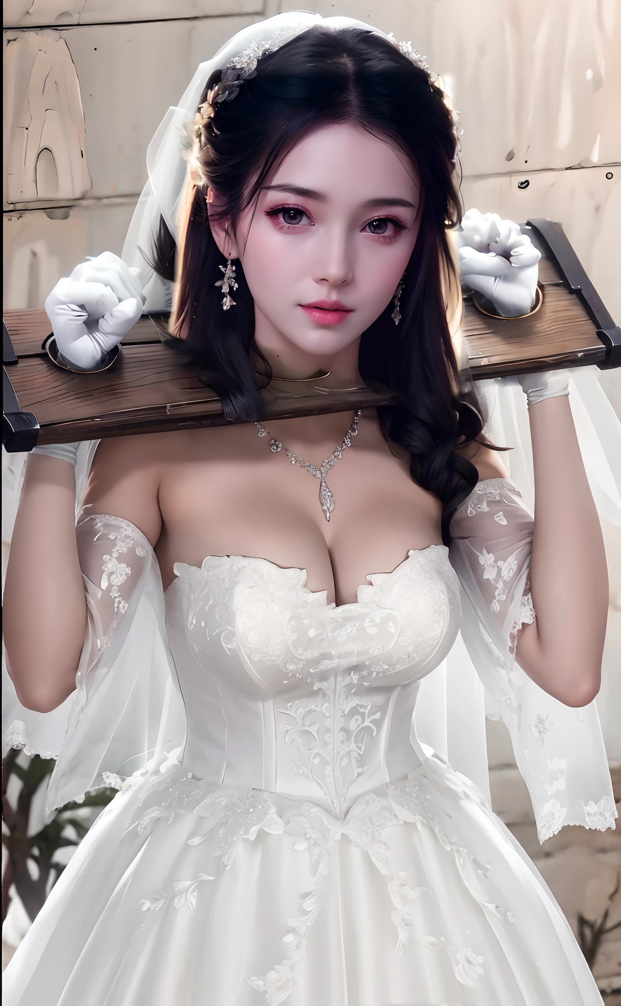 Close-up of a beautiful bride in a beautiful wedding dress, Gurvetz,（ pillory：1.5）, Flail on the head, Flail on the hands, Flail,(Bridal veil: 1.5), (Short transparent veil: 1.5), Flushed face, Head flower, head gear, (Tubular wedding dress: 1.5), (Silk dress: 1.2 ), (Strapless wedding dress: 1.5), Pure white dress, necklace, Earrings, (Huge breasts: 1.3), Deep V heart collar wedding dress, bangs, lipstick, (Lace gloves: 1.3), Full body photo, High detail RAW color art, a white long skirt, Whole body, with hands behind her back, and floor-length skirts,