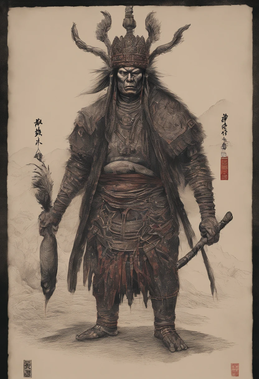 China-style,shaman,red tint,A man wears a shaman's crown,In his left hand, he holds a donkey's skin drum,Beat the drum whip with the right hand,Broken clothes,kneels on the ground,The background is Chinese style,Gossip diagram,photorealestic,Real Human
