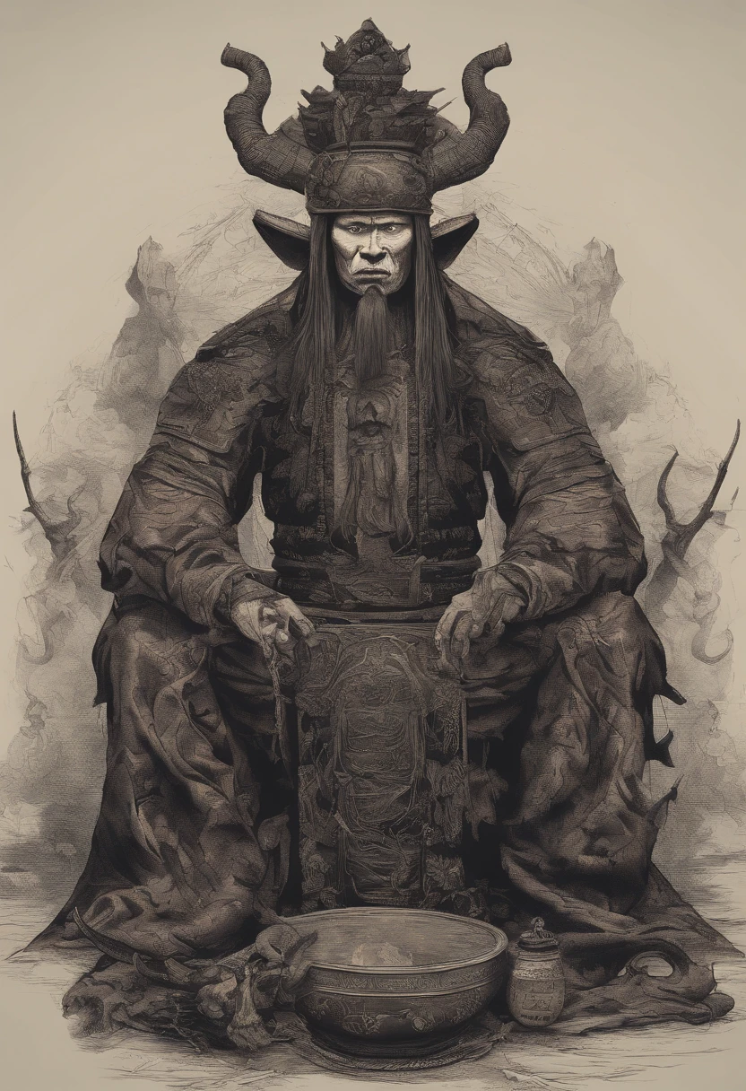 China-style,shaman,red tint,A man wears a shaman's crown,In his left hand, he holds a donkey's skin drum,Beat the drum whip with the right hand,Broken clothes,kneels on the ground,The background is Chinese style,Gossip diagram,photorealestic,Real Human