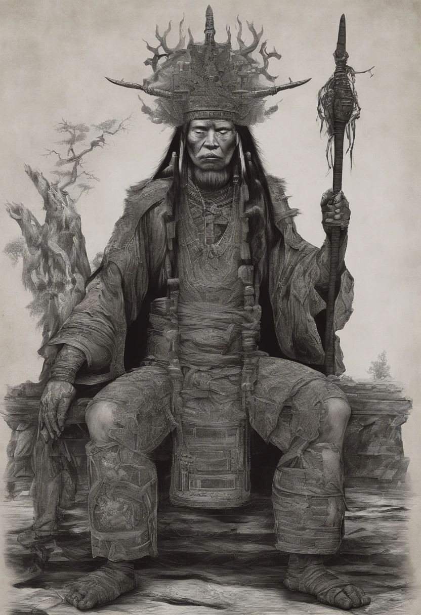 China-style,shaman,red tint,A man wears a shaman's crown,In his left hand, he holds a donkey's skin drum,Beat the drum whip with the right hand,Broken clothes,kneels on the ground,The background is Chinese style,Gossip diagram,photorealestic,Real Human