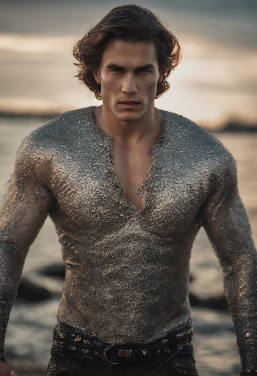 ember，Masterpiece, Best quality, Realistic, A male mermaid, 1人, Male focus, tall muscular, wavy white long hair, Flying bangs, Blue eyes, fish eye, Handsome, Gorgeous accessories, Portrait,Extremely detailed face,waterface, Simple background, fish scales, Looking down, looking at viewert,  , mermaid, fish man, Piercing of acne, adiamondnecklace, Silver waist ring, Piercing of acne, Piercing of acne, Piercing of acne