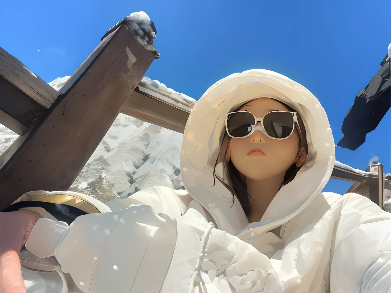 Set against the snowy mountains，with blue sky and white clouds，A girl in a hat
