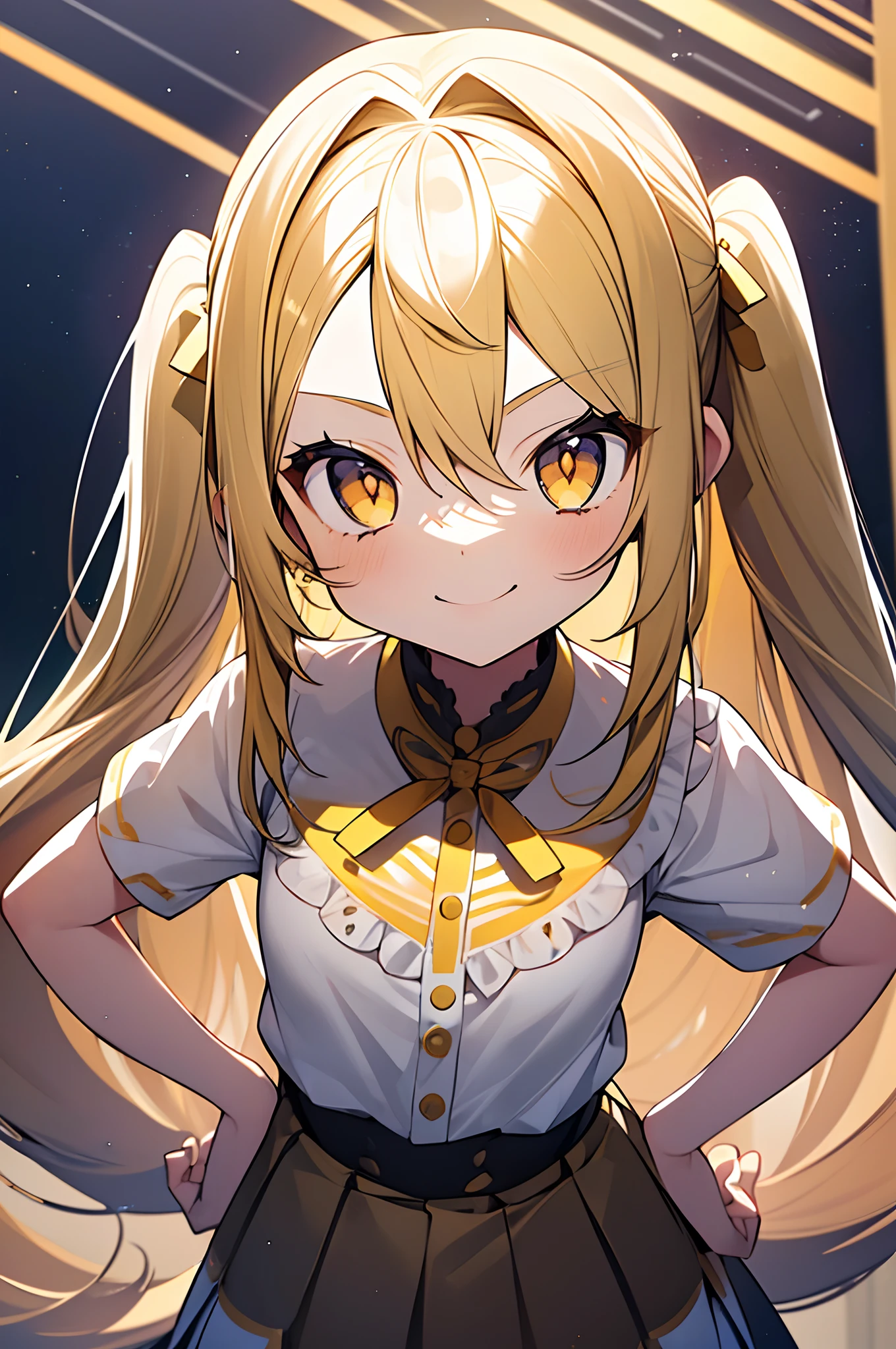 1girl. yellow hair.long hair.twintails.short stature. small breast.white t-shirts.skirt. (((masterpiece))).(((best quality))).)((ultra-detailed))).(((illustration))). (((put your hands on your hips))).(((night view))).look from above.smile.