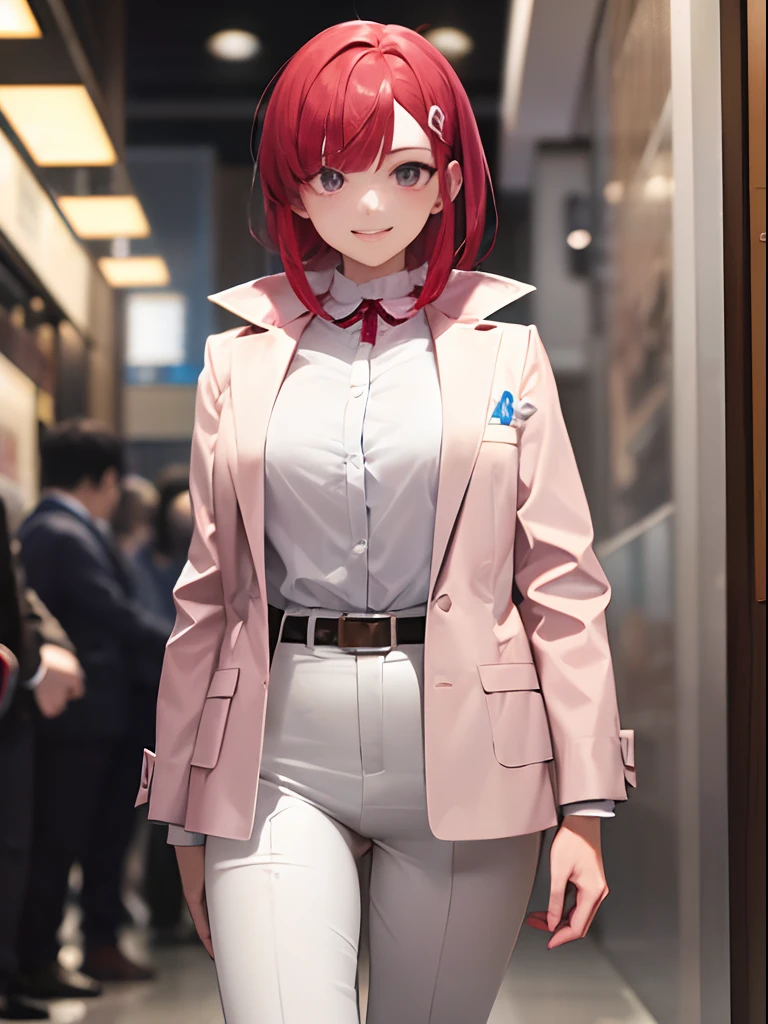 MastepiーS、masterpiece、4K、8K)、24-year-old woman、Clean face、Clear eyes、an anime girl、lightsmile、red hairs、Semi-bob hair、Outerwear is a pink suit jacket、White Y-shirt inner、Wear white pants、FULL BODYSHOT