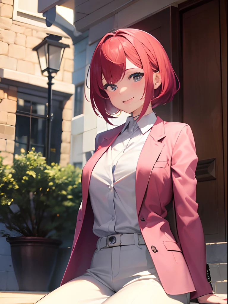 MastepiーS、masterpiece、4K、8K)、24-year-old woman、Clean face、Clear eyes、an anime girl、lightsmile、red hairs、Semi-bob hair、Outerwear is a pink suit jacket、White Y-shirt inner、Wear white pants、FULL BODYSHOT