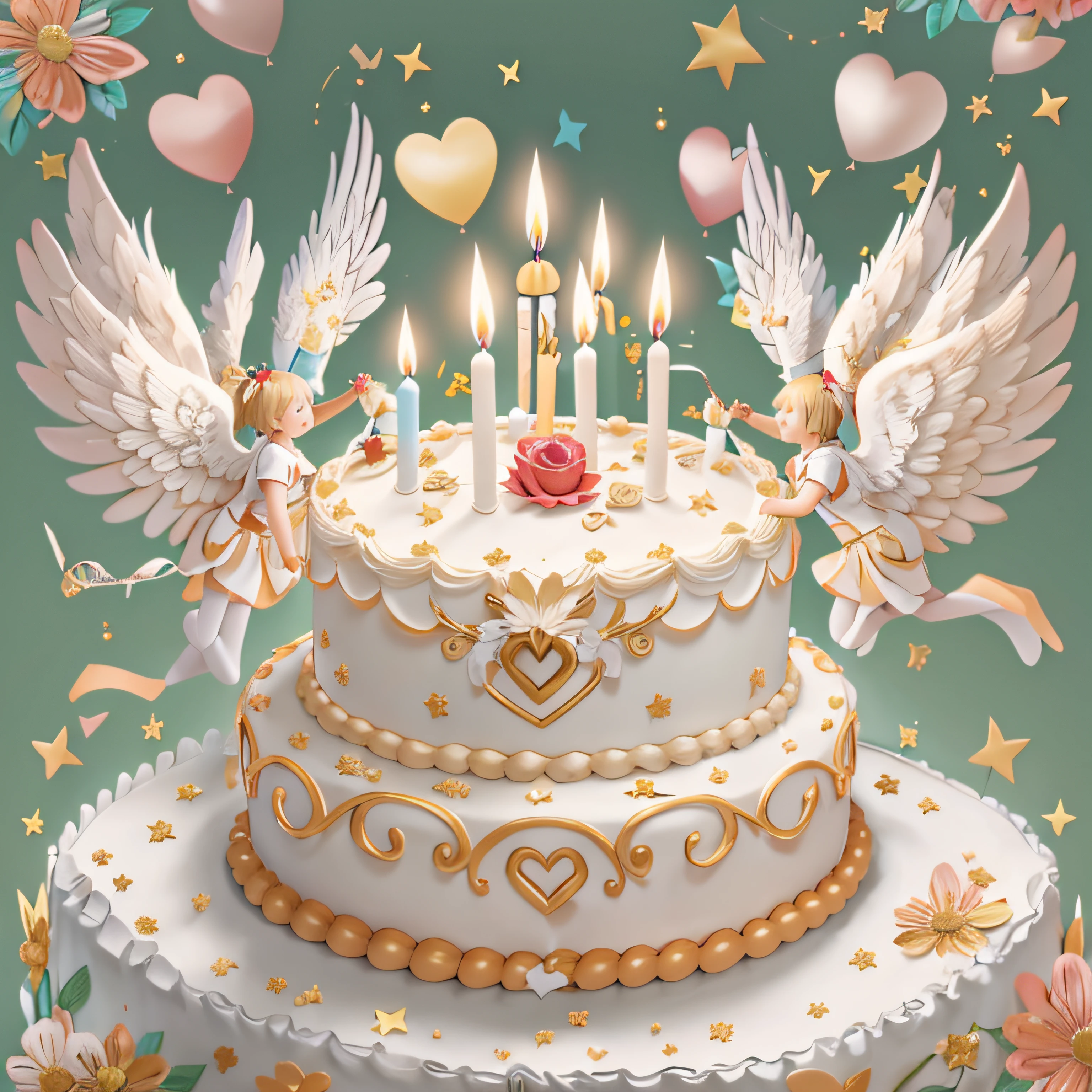 Blessings of Angels､Bright background、heart mark、happy birthday、a cake