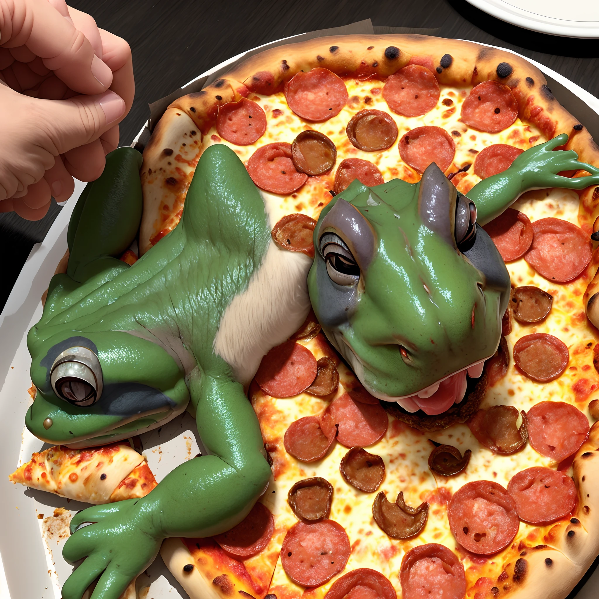 Frog eating pizza