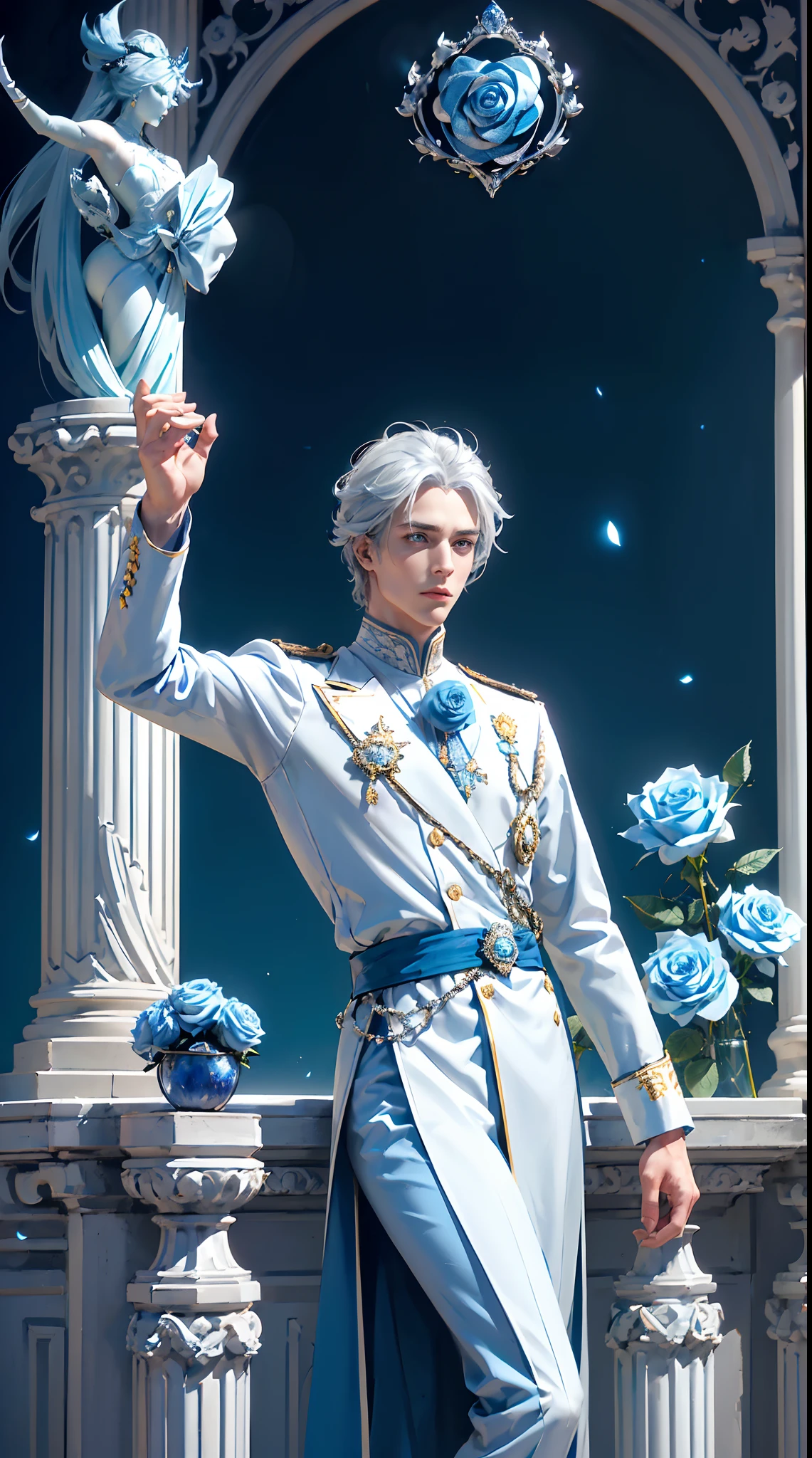 Royal man, (((elegant pose)))young noble man, silver hair, light blue eyes, tall and handsome body posture, handsome face, European nobleman, white noble uniform, His shirt has a royal unicorn logo on it. pose holding a rose while saluting the nobleman, mansion background. HD color and balance, dark atmosphere with many effects. (((Blue rose))).