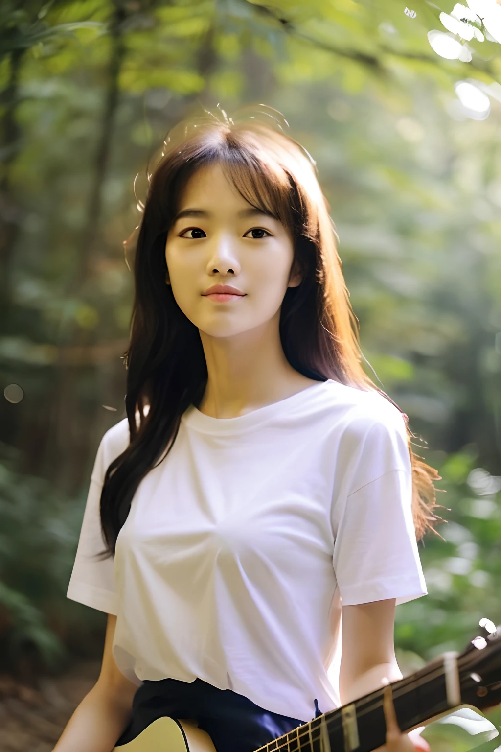 clever, korea, slim face, Thai face, highly detail face, cute, skinny,medium eye, fine skin, clear skin, fashion,white bra, woman, long hair, playing guitar, kind, shy, cheerful, tired, t-shirt, big eye, beautiful face, Chinese, standing in forest, morning