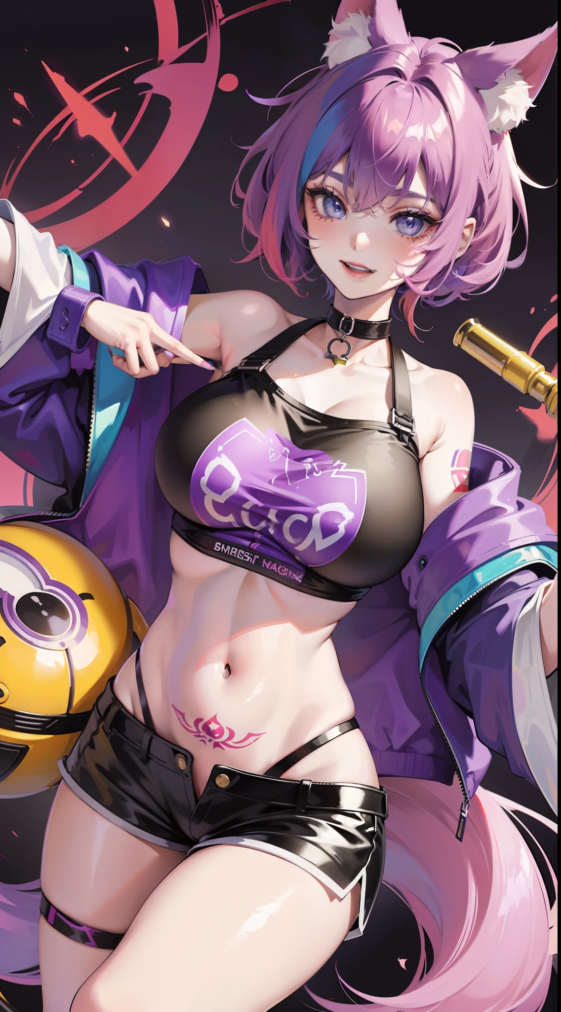 young girl, multi-colored hair, Short purple hair with yellow tips, Fox ears, blue eyes, Smile, open belly, Purple T-shirt, Huge breasts, red tattoos, Shorts, Masterpiece, hiquality, 4k, HD, Good detail
