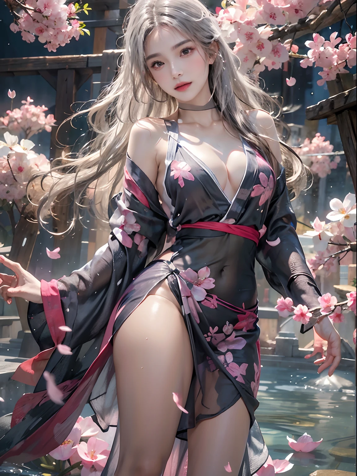 Photorealistic, high resolution, Soft light,1womanl, Solo, hips up high, glistning skin, (Detailed face),Tattooed with, jewelry, Dark transparent hanf, cherry blossom, Night, White wavy hair, Beautiful soldiers, Invite the eyes of the audience, Lover's perspective, Invite expressions, Sexy smile, Perfect style, Perfect balance, Detailed skin, mischievous gaze, chest visible、ssee-through、sheer feeling、Wet skin、Wet hair、dishiveredhair、stalls、Wet clothes、sodden、Transparent halterneck、Transparent dress、Navel Ejection、The back is open、Sheer halterneck dress、Transparent kimono、Dynamic posing、The fingertips are the lips、