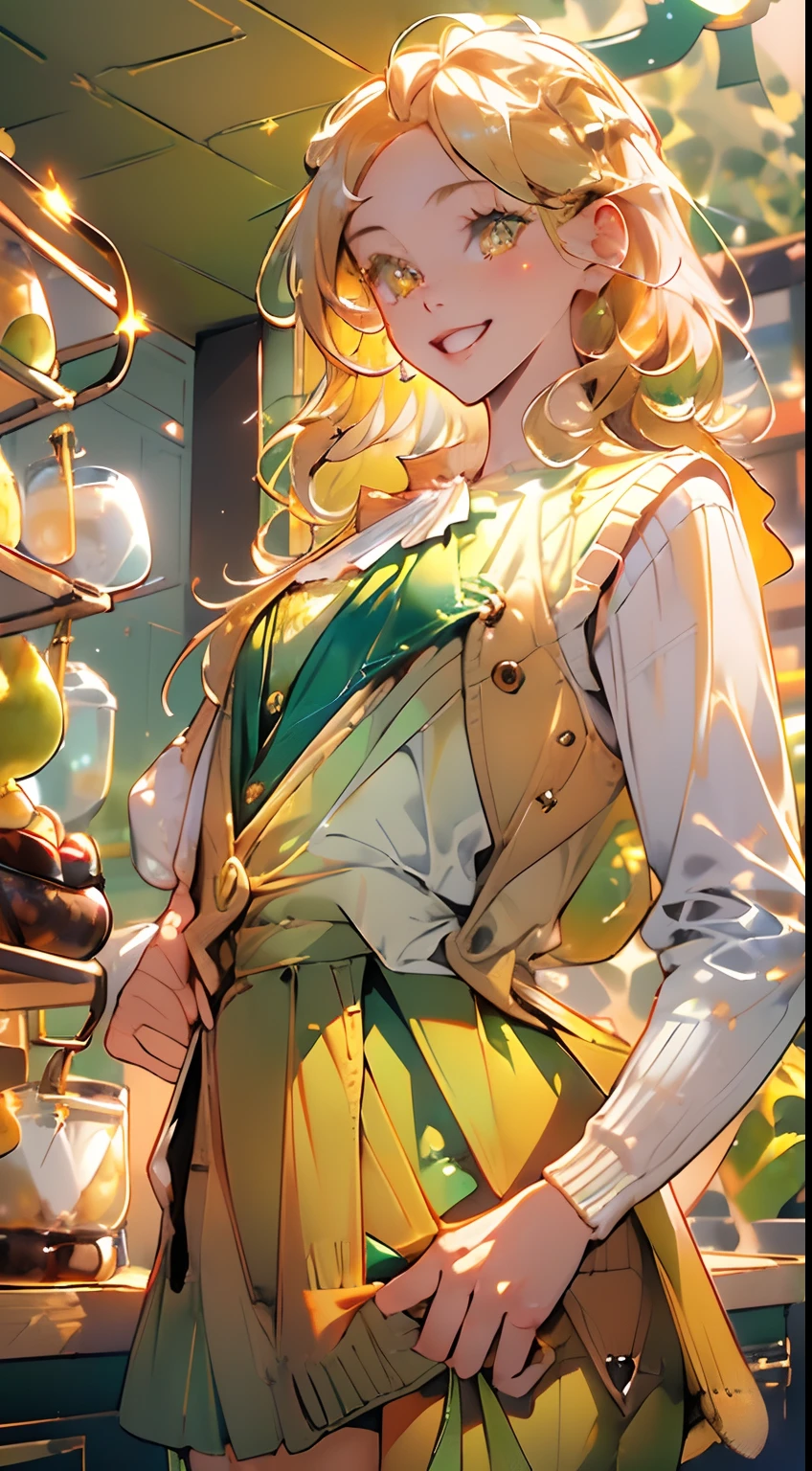 highres, ultra detailed, 1girl, solo, extremely detailed eyes, (Gold colored hair:1.5) , (straight waist-length gold hair:1.5) ,(Anti-flash white-colored eyes:1.5) , ulzzang , she is wearing a ((Viridian colored waistcoat outside:1.5)) , she wearing a ((  Kelly green colored cardigan inside:1.5)) ,((Pear colored pantskirt:1.5))  ,enjoy , relax ,healing  , focusing on the face  , (coffee store at morning background:1.5) ,small crowd  ,look at viewer , smile , (gold hair color :1.5)