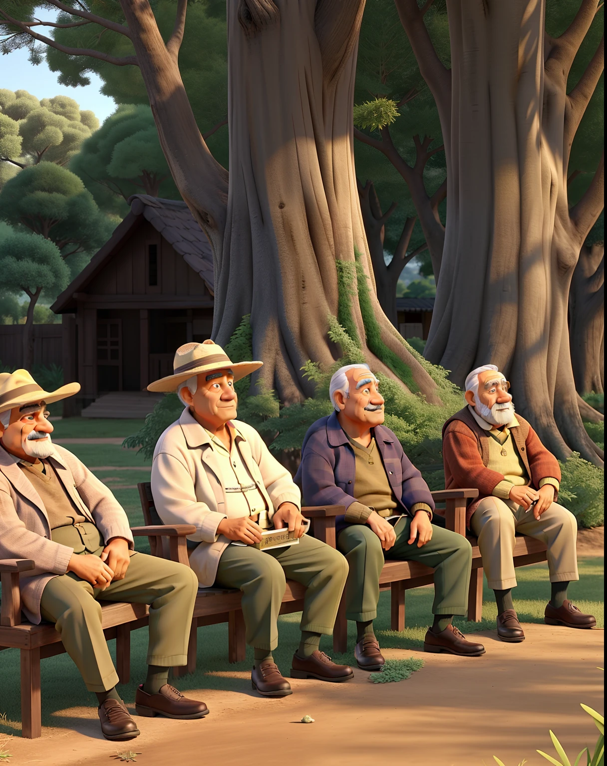 A Gang of Wise Old Men, sentados em cadeiras, assistindo o por do sol, na grama, with trees.