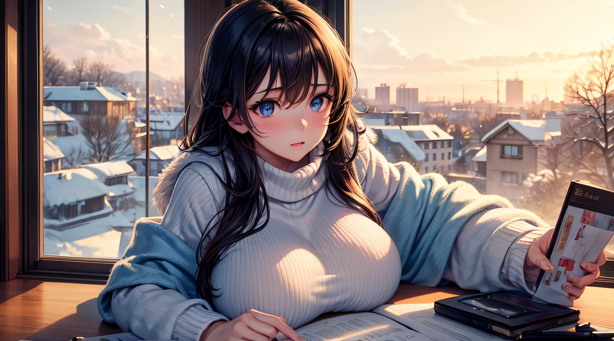 (masterpiece), best quality, expressive eyes, perfect face, lofi studying girl, big breasts, study pose, calm winter day outside window, cozy interior, vibrant colors,