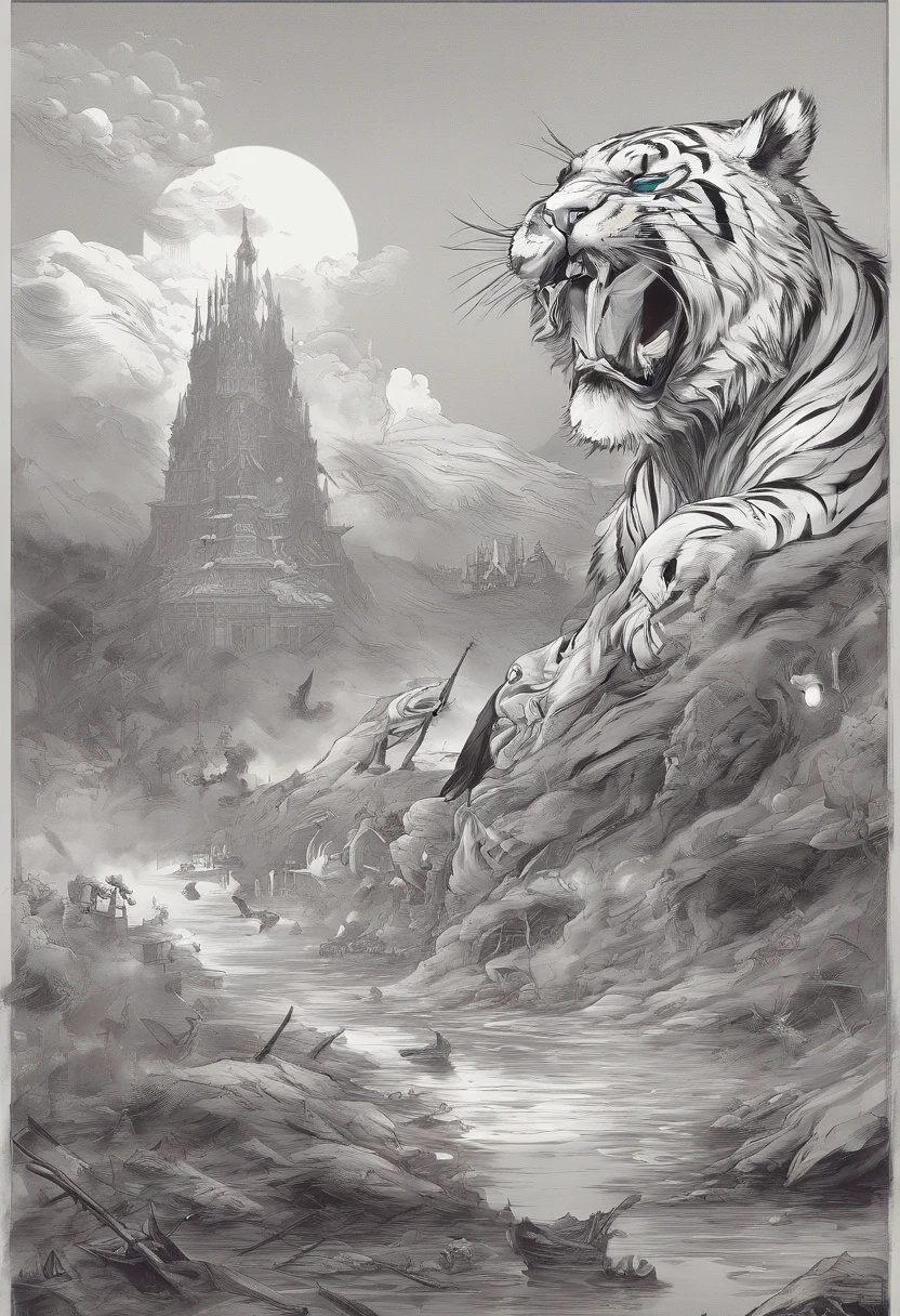 Le tigre blanc，rugir，fierce，gargantuesque，Les yeux brillent en rouge，Dents de sabre, Effets de lueur，Hautes collines，Brouillard nuageux，la nuit，中景 The scene is，Corps entier comme， Highly detailed surreal VFX，OC rendu， - AR 16:9 --q 2 --s 1000