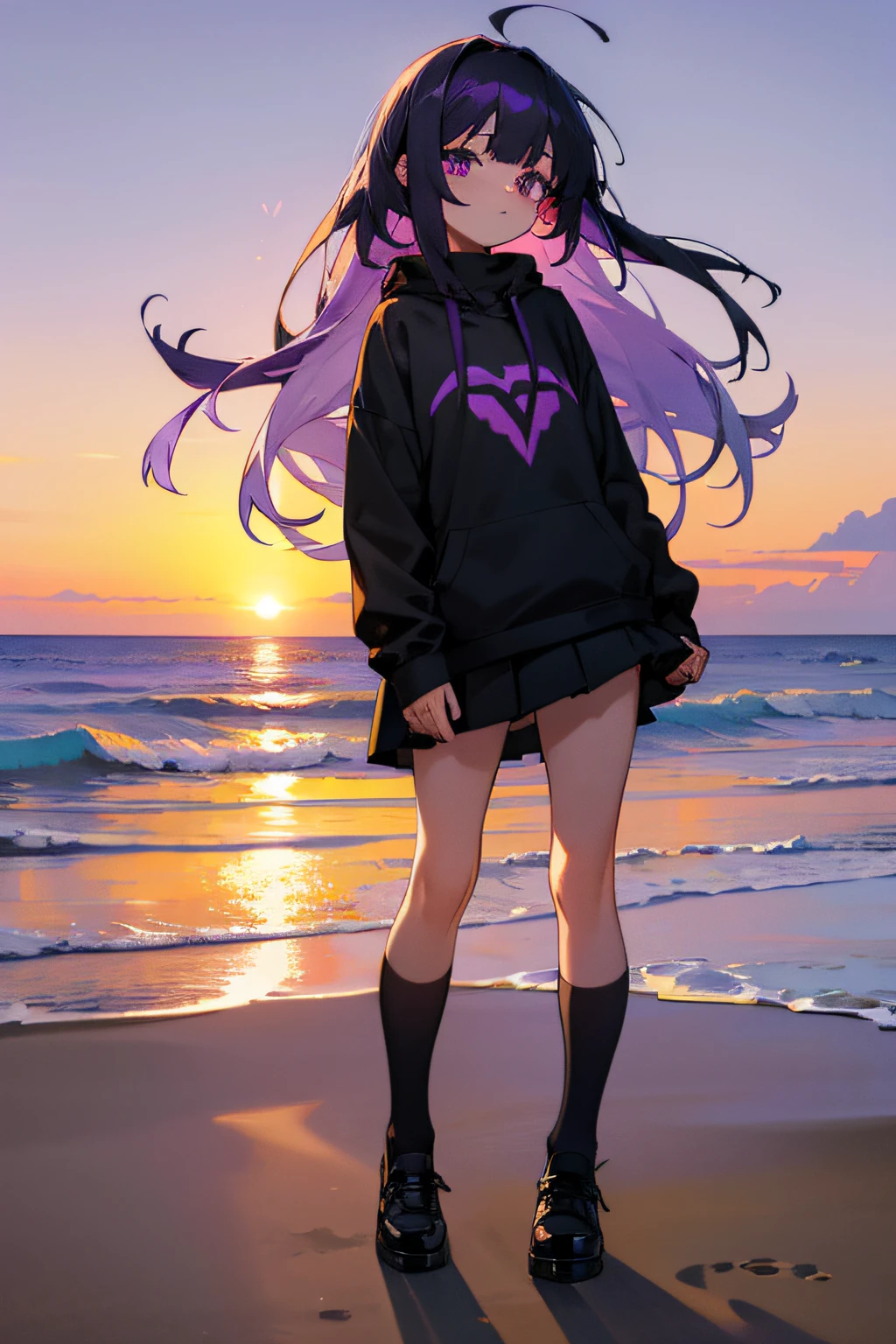 sandbeach,beachside,the sunset,girl,Gorgeous Hair in Long Purple,Purple eye,with hair dishevelled,Black sweatshirt,a black pleated skirt,black over-the-knee socks,Black Martin shoes