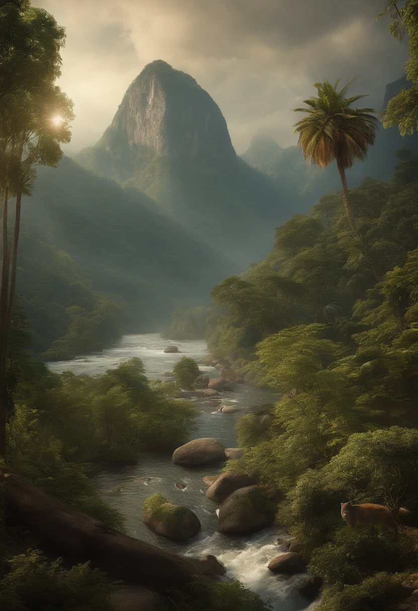 "Generate a vibrant and eco-friendly scene that showcases the harmony of nature. The image should depict a lush jungle with tall, diverse trees and vibrant foliage. In the foreground, include a meandering river with crystal-clear water and animals such as deer, birds, and butterflies. On the riverbanks, place a variety of animals, including monkeys, toucans, and jaguars, coexisting peacefully. In the background, show majestic mountains rising into the sky. Above the mountains, ensure a breathtaking view of the Earth from space, emphasizing its beauty and fragility. The overall composition should convey the importance of preserving our planet and the rich biodiversity it holds."