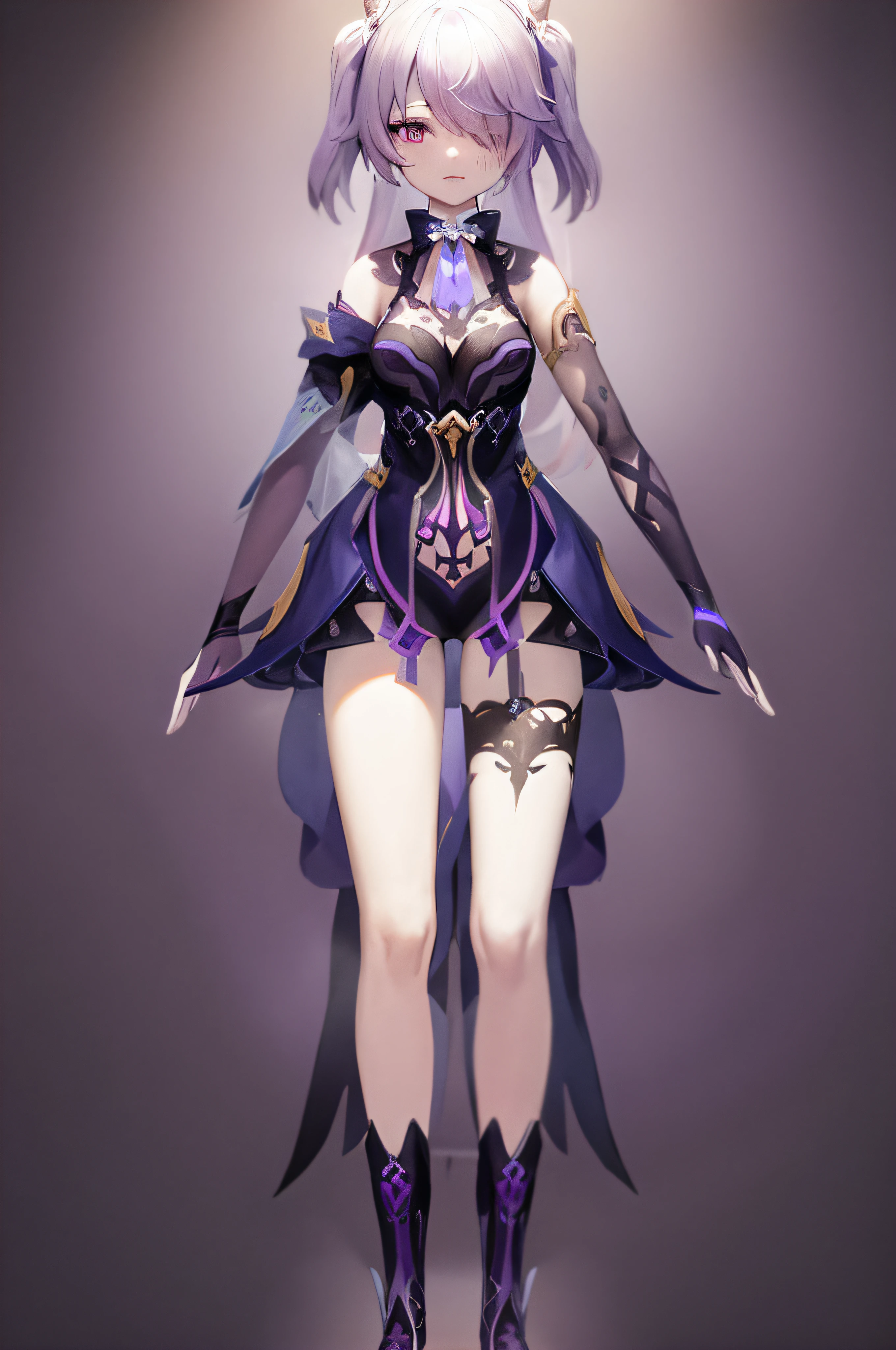 Anime character in purple costume and black boots, Ayaka Genshin impact, astral witch clothes, ayaka game genshin impact, Genshin impact's character, full body adoptable, black and violet costume, dark sorceress fullbody pose, full-body xianxia, Genshin Impact style, Keqing from Genshin Impact, clothing design, detailed full body concept art