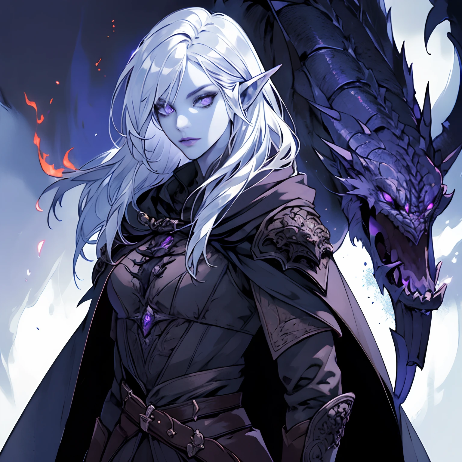 (Absurd, A high resolution, Ultra detailed), Mature woman, Intricate details, enlarged textures, Intricate details, finely detailed eyes and detailed face, Intricate details, White silver hair, (Closed mouth), Perfect eyes, matching eyes, Long hair, Purple eyes, Medieval fantasy style costumes, Fantasy style, full bodyesbian, Blue skin, Pointy ears, Drow, undercity & Dragons, Hood, Dark long fantasy outfit, dark leather, Dark leather armor, Glowing eyes, Cloak, Hood up, Cape
