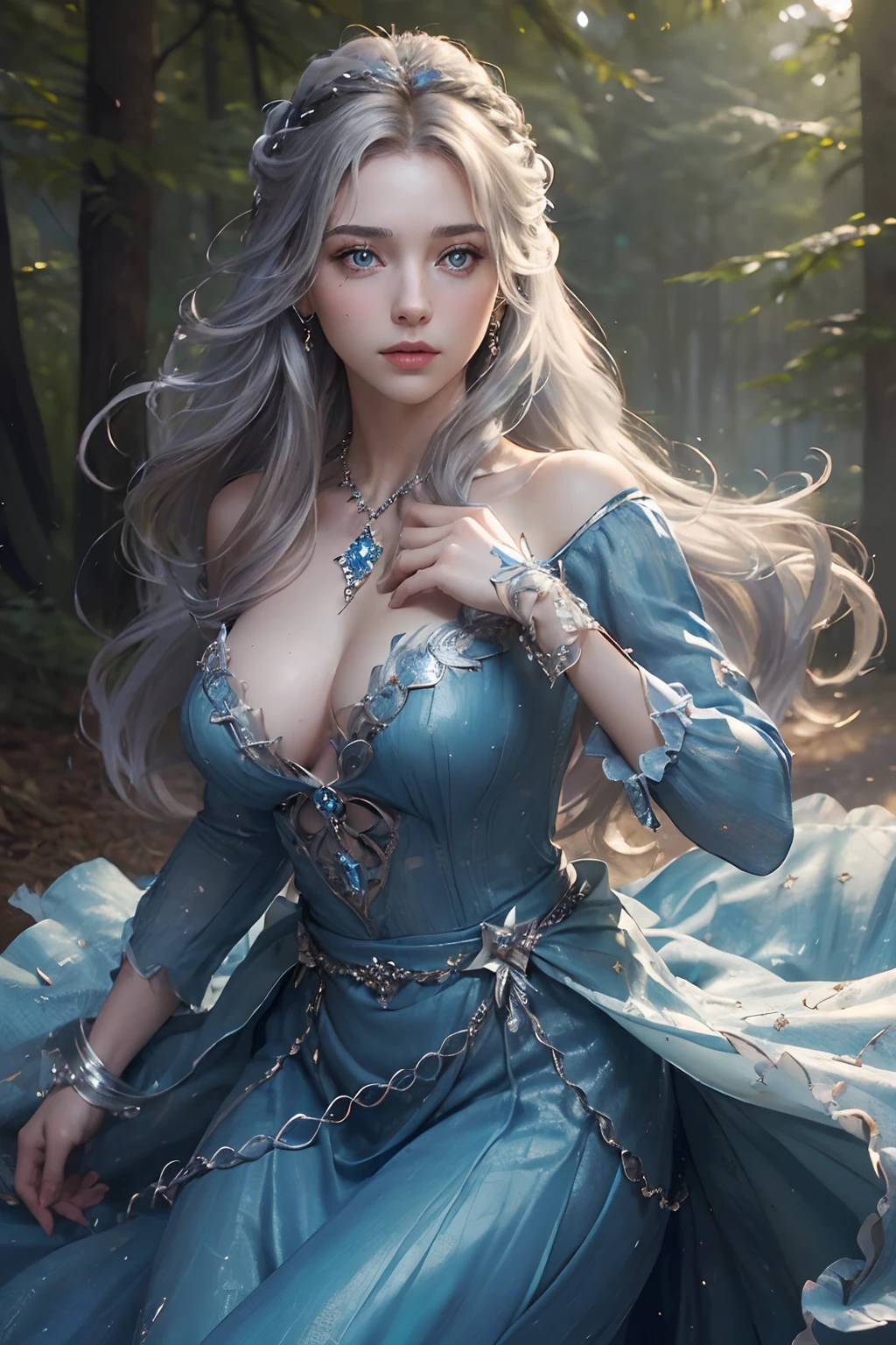 (skindentation:1.5), Realistic, Photorealistic, (masterpiece:1.5), concept art, intricate details, highly detailed, photorealistic, octane render, 8k, unreal engine, dynamic pose, best quality, highres, (realistic face:1.1), (hyperrealistic:1.1), ((full_body)), perfect eyes, (shiny skin:1.2), (((hairstyle))), (((perfect hands))), (extremely detailed background), ((dynamic background)), (stars in the sky), (1 beautiful woman), queen, ((wearing blue dress with diamonds, cover chest)), ((long skirt)), ((detailed eyes, high quality eyes, high quality face)), ((silver messy long hair)), diamonds in hair, (((flowing hairstyle))), forest, magic, (dramatic), epic, depth of field, bokeh, 4k