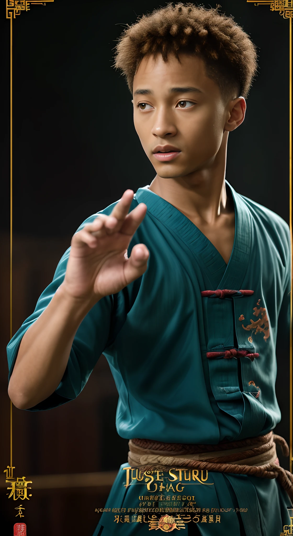 ((Movie premiere poster)), tmasterpiece,Jaden Smith((Jaden Smith),Photo taken in 2012,He was about 12 years old)(best qualtiy),highly detailed,ultra - detailed,(Dynamic pose:1.2),(Dynamic camera),8K, High definition, Detailed face, Detailed eyes,Describes a Western boy under the tutelage of a Chinese kung fu master,Scene of practicing kung fu with wooden stakes,Hyper-realistic, + cinema shot + Dynamic composition, Incredibly detailed, Sharpen, Details + Superb details , Highly detailed, Ultra-realistic, Intricate details, Painting (artwork of a), ((Masterpiece,Best quality)), ((Cinematic light)), Ultra photo realsisim, fearsome, Dark fantasy, holy rays, epic realistic, Faded, ((com cores neutras)), (hdr:1.5), (pastel colour:1.2), ultra - detailed, (Art Station:1.5), Cinematic, warm lights, Light effect, Dramaticlight, (Intricate details:1.1), the complex background, (greg rutkovsky:0.8), (Teal and orange:0.4),Professional people photography,Close-up close-up,(Western boys under the tutelage of Chinese kung fu masters,Scene 1 of practicing kung fu with wooden stakes.6),