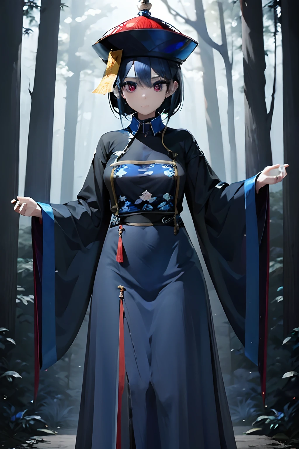 Jiangshi, girl, blue hair, blue skin, fulu on her head, chinese paper in head,  in a forest, Blue souls in the air, 4k, standing, 4k, arms outstretched forward