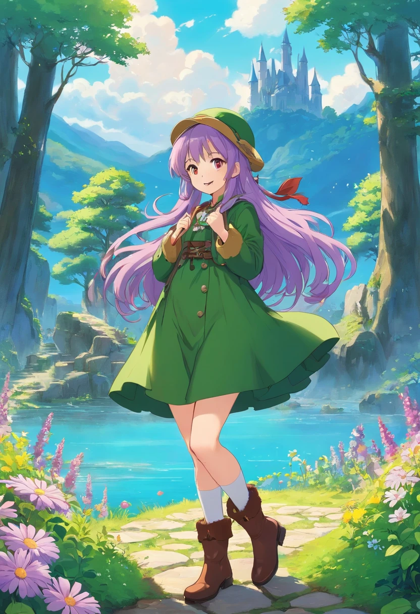 best quality, (masterpiece:1.2), illustration, absurdres,  (1girl, solo), (beautiful detailed girl),, Aeolia, lilac hair, long hair, red eyes, medium breasts,, happy, cheerful,, green hat, hat with feather ornament, green dress, green coat, (fantasy:1.1) (medieval:1.1) outfit, (black_pantyhose:1.1), white shirt, brown shorts, fleece lined boots, brown boots,, magical forest, flowers, fairy ring, ancient ruins, stone ruins, lake, sky, clouds