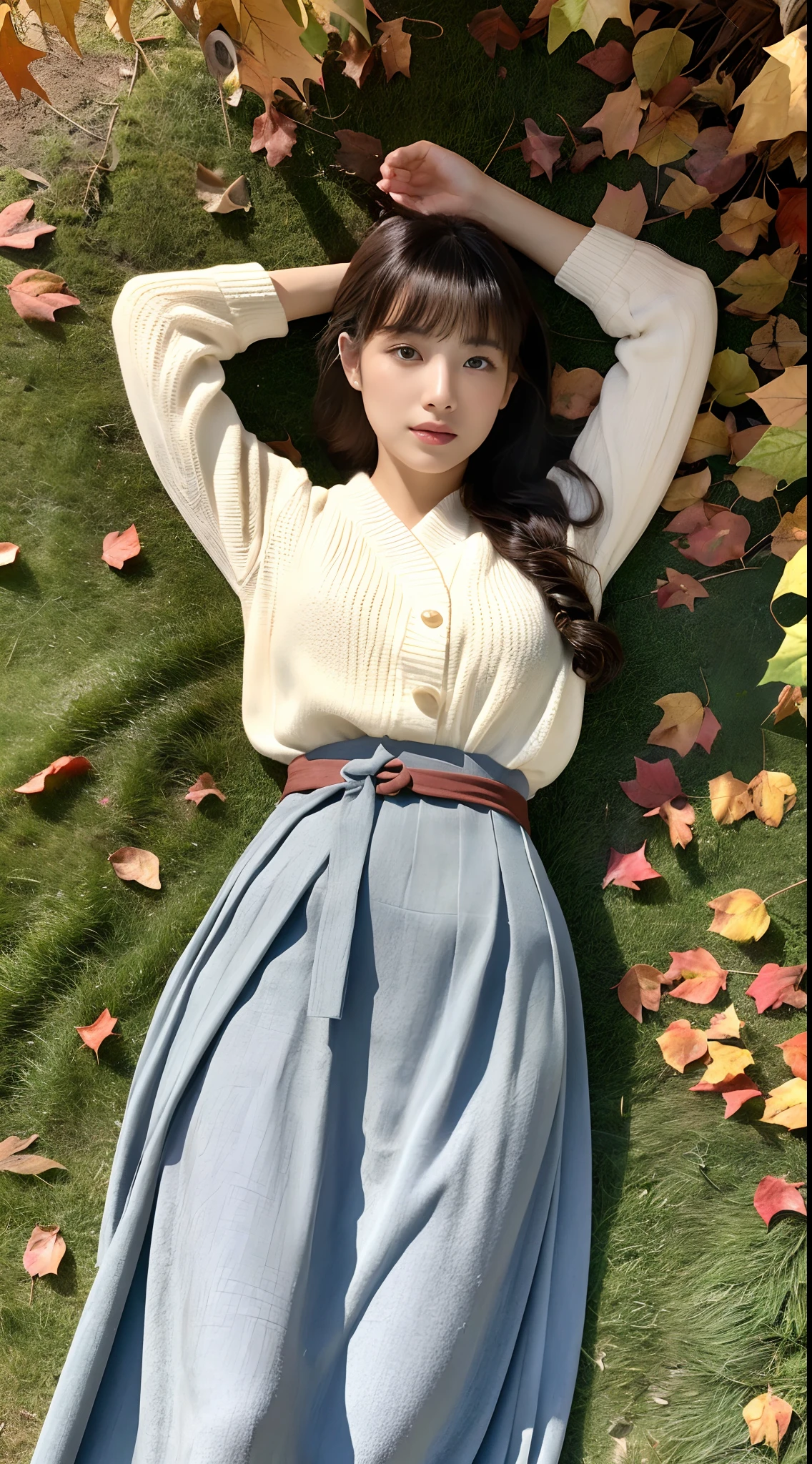 (Official art、Best Quality、Unity 8k Wallpapers、32K、​masterpiece、ultra-detailliert、超A high resolution、realisitic、Photorealsitic、Raw photo:1.2)、(Cinematic lighting:1.2)、(Full body)、Fireglow effect、film grains、Best Shadows、Rim lighting、side lights、Full body, Highly detailed background、beauitful face、(super detailed skin、detailed skin textures:1.3)、Close-up of a statue in a field of red leaves, covered with fallen leaves, Red leaves on the ground, Autumn garden, Beautiful Autumn Spirits, covered with leaves, aomori japan, in autumn, red leaves, in japanese garden, in autumn, during autumn, autum, traditional japanese colors, japan nature、(From  above、Lie down:1.3)、(outside of house、Floral hair ornament、beauty legs)、thighs thighs thighs thighs、20-year-old beauty、Beautiful black color hair、Blunt bangs、Knitted tops、Maxi skirt、Realistic costume feeling