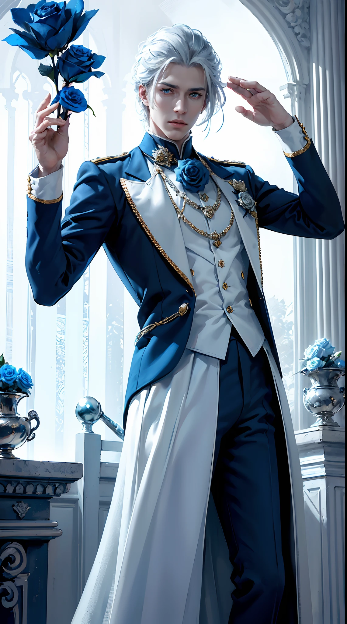 Royal man, (((elegant pose)))young noble man, silver hair, light blue eyes, tall and handsome body posture, handsome face, European nobleman, white noble uniform, His shirt has a royal unicorn logo on it. pose holding a rose while saluting the nobleman, mansion background. HD color and balance, dark atmosphere with many effects. (((Blue rose))).