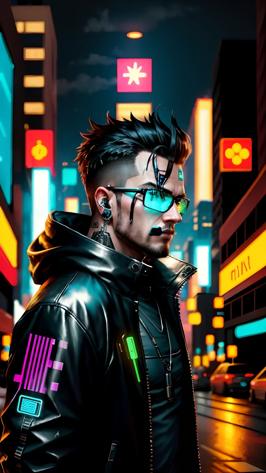 change the background into cyberpunk theme, make the guy stylish , add some good details on face, make it look realistic and quality will be 8k.