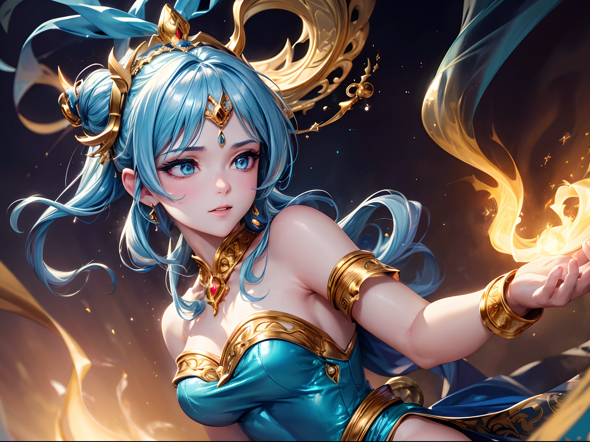 Human girl,monk,tan skin, blue hair, gold eyes, purple&green outfit
