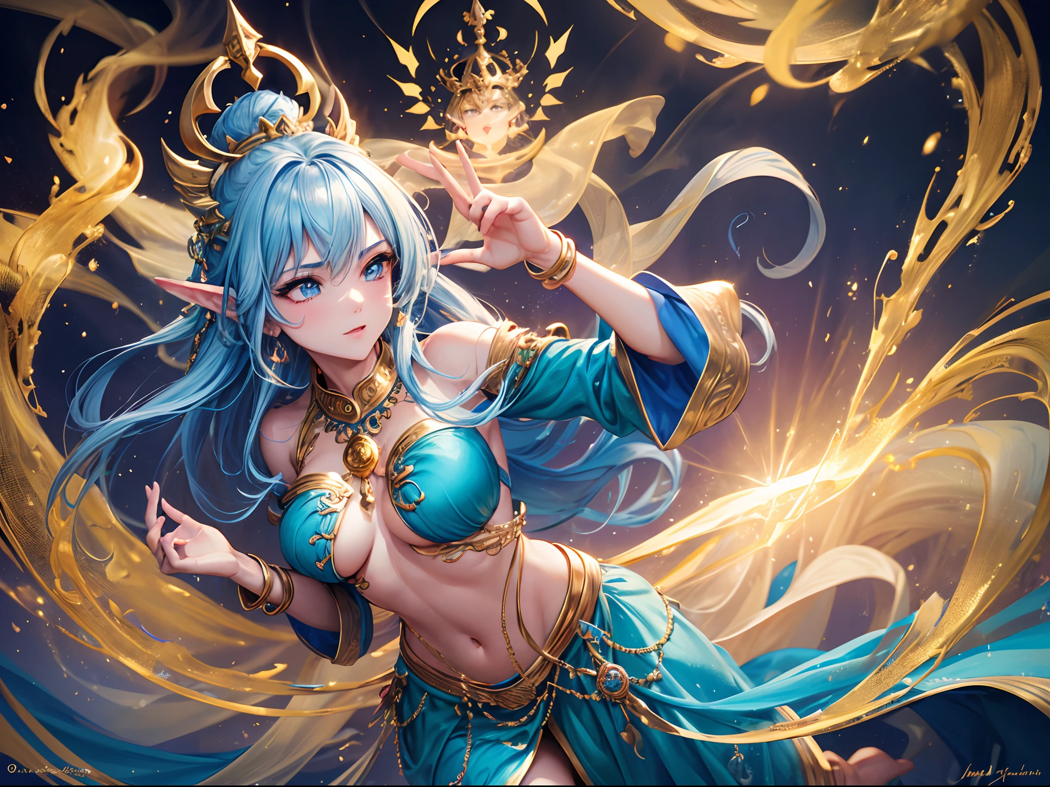 "(best quality, highres, ultra-detailed), ornate gold genie lamp, emitting blue smoke, beautiful female genie rising from the smoke, detailed face and eyes, flowing blue outfit, ethereal appearance, magical aura, sparkling golden jewelry, mystical background, artistic portrait style, vibrant colors, soft lighting, dynamic pose, photorealistic rendering, emerging "