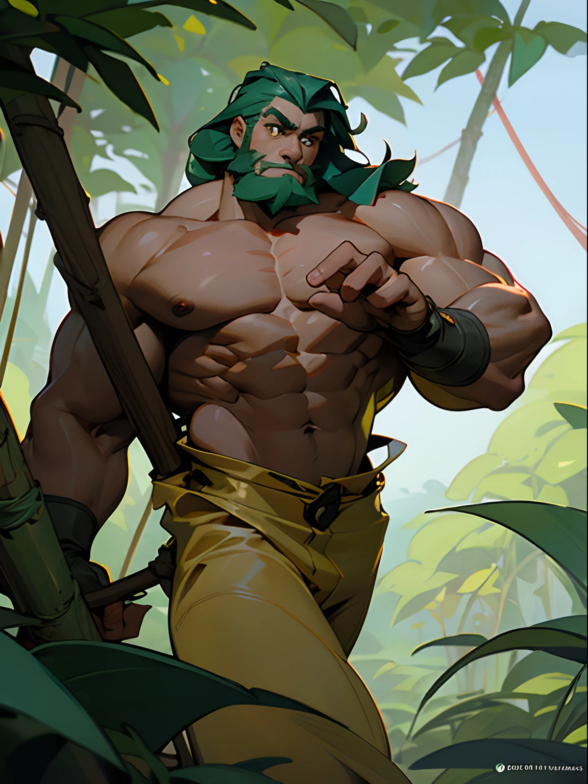 (high resolution:1.2),ultra-detailed,photorealistic,a muscular bearded man with a cartoon style, naked, showcasing armpits with green gases floating, in a jungle setting
