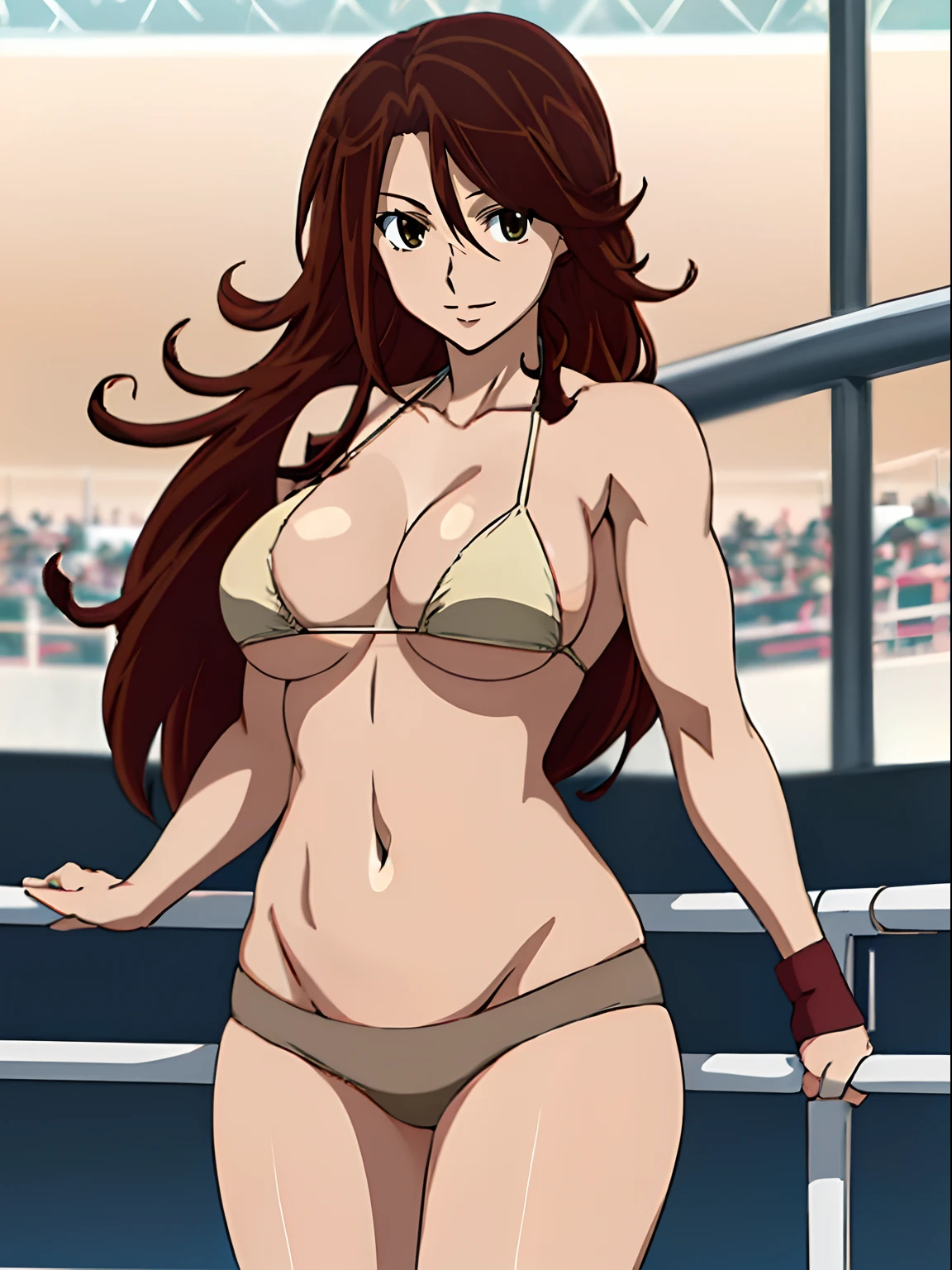 Elegant lady, very close view, anime style: 1.8, anime drawing, ultra detailed face, ultra detailed body, 4k, Sumergai Lee Noriega, ((standing on wrestling arena)), best quality, anime style, hires, highest definition, digital blending, bold drawing lines, (only WHITE background), ( slim body, (little biceps), , off-shoulders, closed fists, (curvy: 2.8)), ((broken bikini, (chaps))), gentle, (pale skin, shiny skin, very big breasts, smile), (big eyes, brown eyes), (brown hair, loose hair), 27 years old,