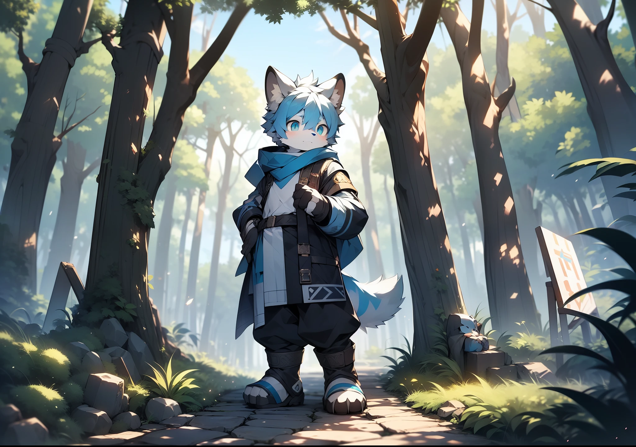 Libido boy，furry wolf，((Shota)), Blue and white hair, Yellow ear tips, Gray ears, Gray tail, grey left eye, green right eye, Blue triangle, Red triangle, Purple cyan stripes, Pale blue stripes on the wrists, Very good figure, Handsome，adolable, Light：Extreme light and shadow, Reflective skin,Reddish skin，((worn-out clothing，Commoner)) ，((Deep in the forest，Stone path，Signs，独奏，solo person，A half body))，Outdoor sunset，((the detail))，（depth of fields），standing on your feet
