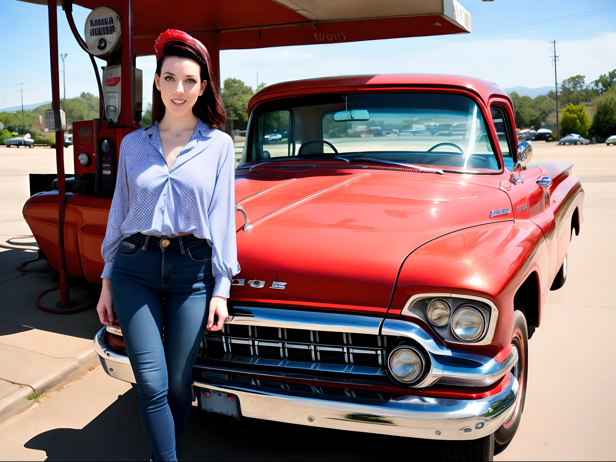 Ultra realistic photo of Angela White ((01 character)) (25 years old) ((full body)) ((full shot)) | rockabilly outfit (jeans with folded legs, blouse with polka dot prints, red heels, red tiara) ((rockabilly style hair, piercing blue eyes, skin texture, enigmatic countenance, slender body, divine proportion) ) | at a 50s style gas station ((old gas pump)), filling up a 1960 Dodge truck || light blue || natural light, cool colors, soft shadows, vivid colors, saturated tones, Maximum Sharpness ((.RAW))