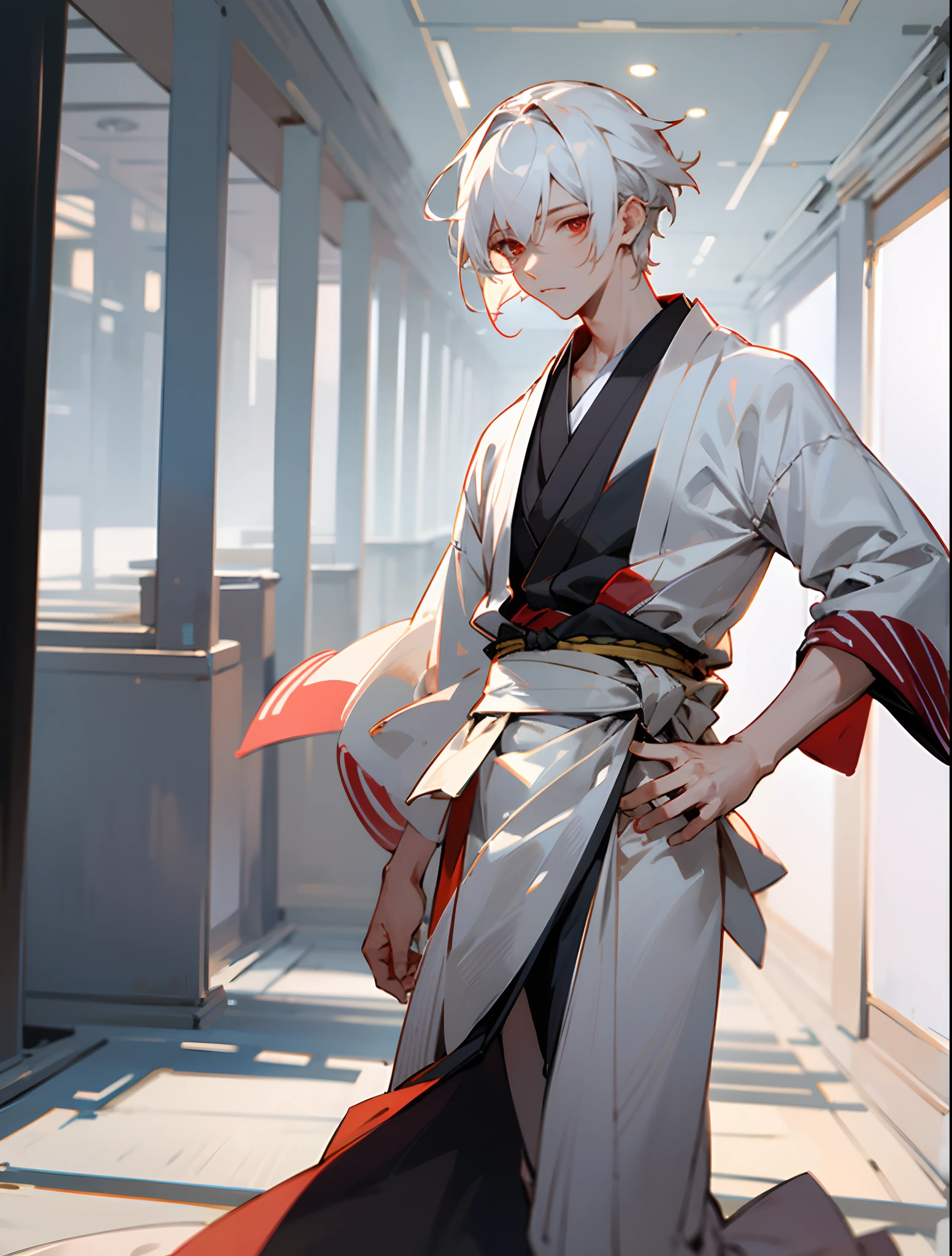 Japanese anime, Beautiful young man, White hair, Red Eye, Sharp eyes, Short hair, Hair tied low, Model Standing, Posing, Chic room,High quality,male people