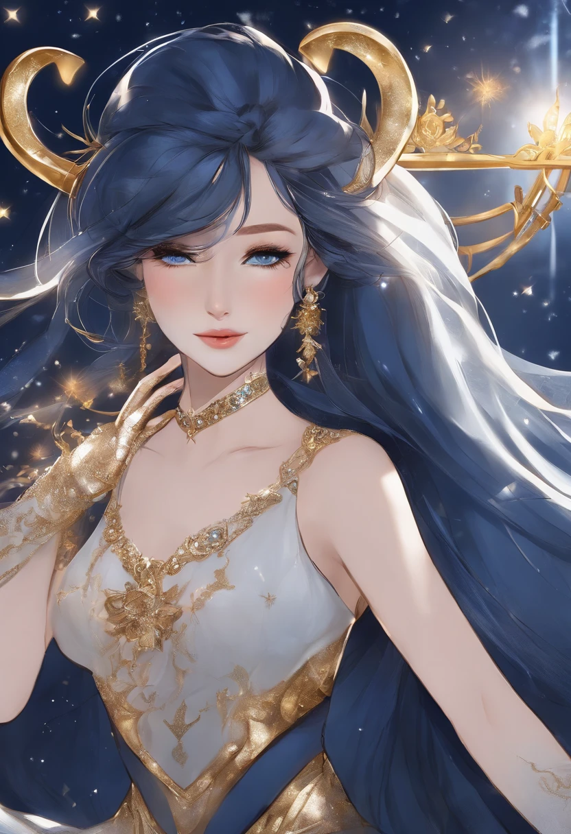 ( High quality , ultra-detailliert, Carefully by hand )Zodiac sign - Goddess of Sagittarius , Similar to Latin goodness . optimistic, Honest heart, Funny and intelligent face . careless, Karterzig, impatient, Exuberant style . Dark-blue eyes (Eye details) , Deep blue hair with sparkly sparkles , Transparent dress , In the sea of stars , full bodyesbian , Feuer-make-up-look , God Chiron