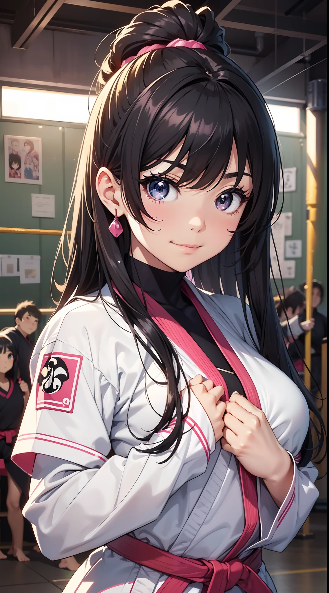 dojo (Martial arts training hall)、Pink uniforms worn in martial arts (judo, KENDOU, etc.)、1girl in, Solo, Cute, kawaii、dynamic ungle, Long Black Hair, Black eyes, Open chest, Smile, masutepiece, High Quality Definition, (Glitter:1.2 )、(brilliance:1.2)、(brilliance:1.2)、classic、(painted:1.1)、(Sketched:1.1)、(top-quality)、(masterpiece:1.2)、(Anime style)、Beautiful detail face、(cute face:1.3)、(big eye:1.3)、colourful hair、(length hair:1.2)、