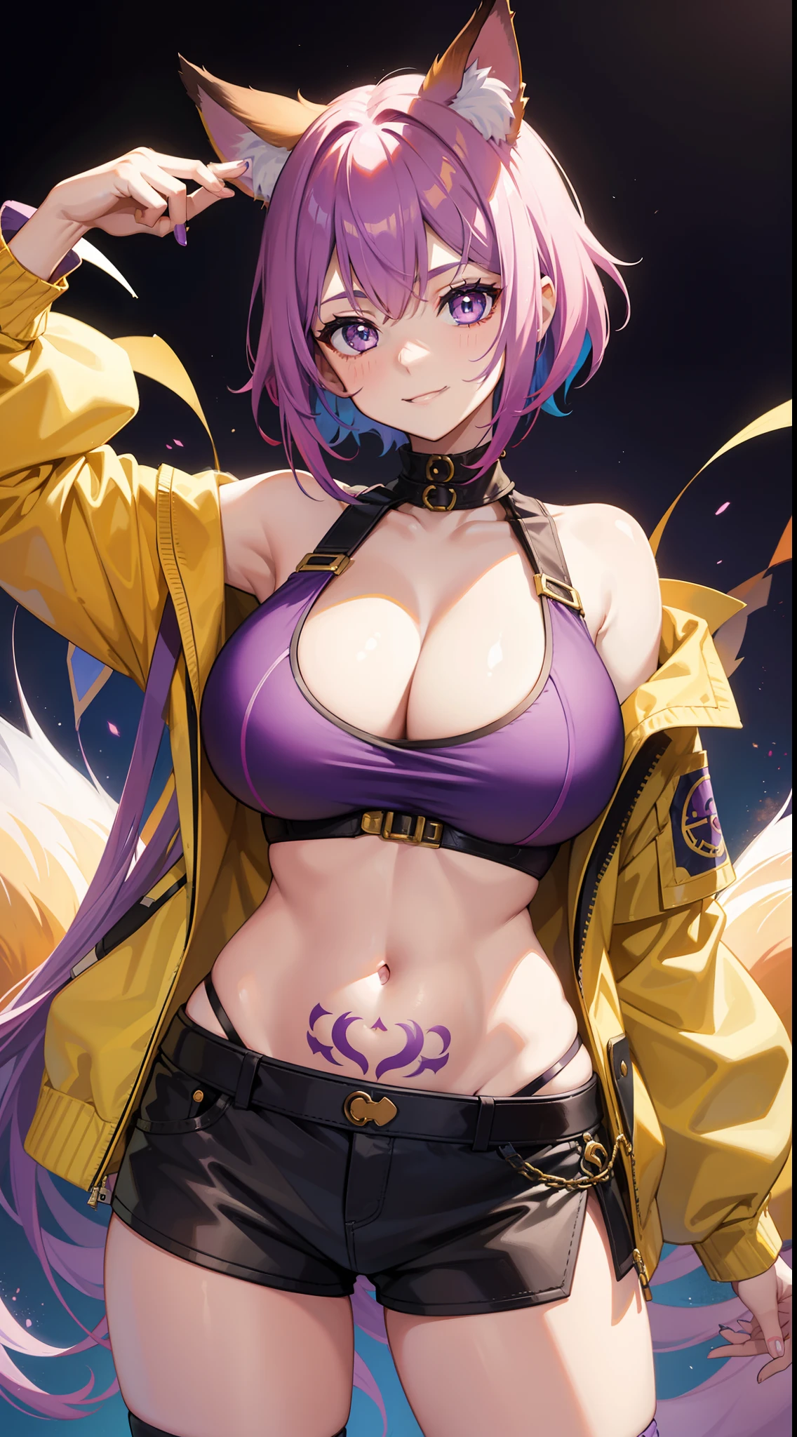 young girl, multi-colored hair, Short purple hair with yellow tips, Fox ears, blue eyes, Smile, open belly, Purple T-shirt, Huge-breasts, red tattoos, Shorts, Masterpiece, hiquality, 4k, HD, Good detail