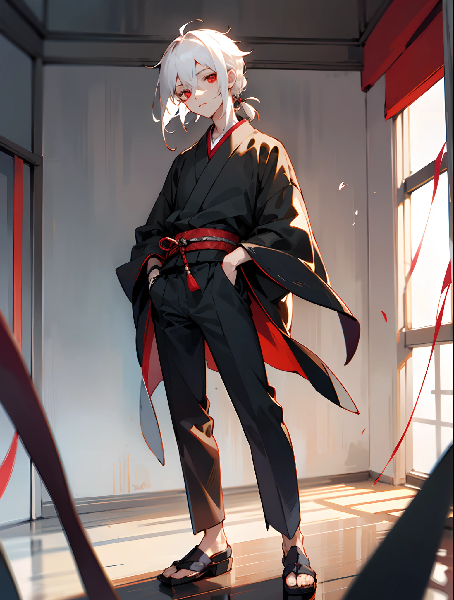 Japanese anime, Beautiful young man, White hair, Red Eye, Sharp eyes, Short hair, Hair tied low, Model Standing, Posing, Chic room,High quality,male people
