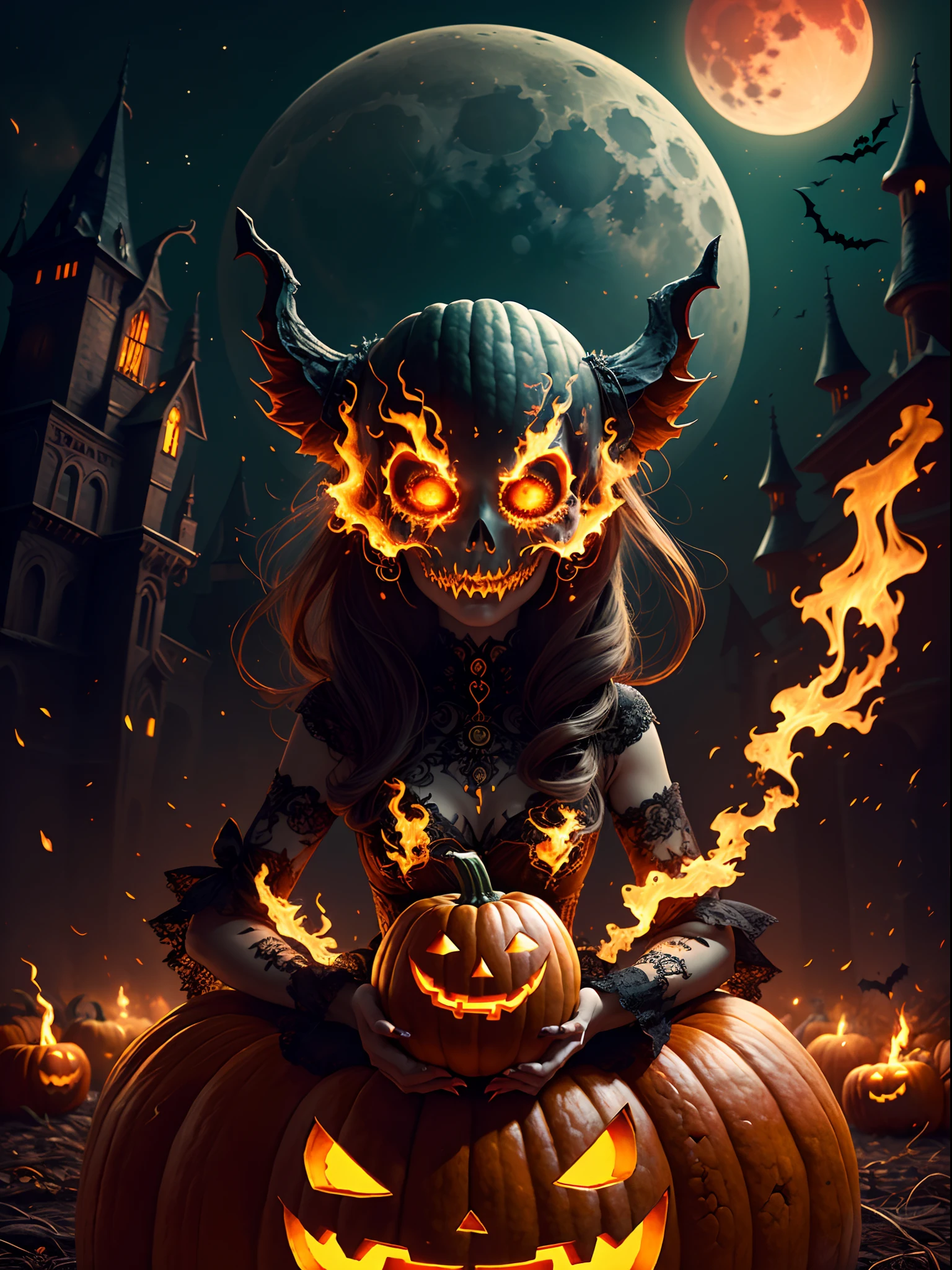 landscape: Reine des morts, full bodyesbian, Halloween palace in the valley, The theme of Halloween is spectacular、iintricate，detail-rich, Surreal，Red Moon，((DreamlikeArt：todos vendo olho))，1girll，Sit on the pumpkin head，Holding a pumpkin head in his hand，Pumpkin Head's eyes emit flames